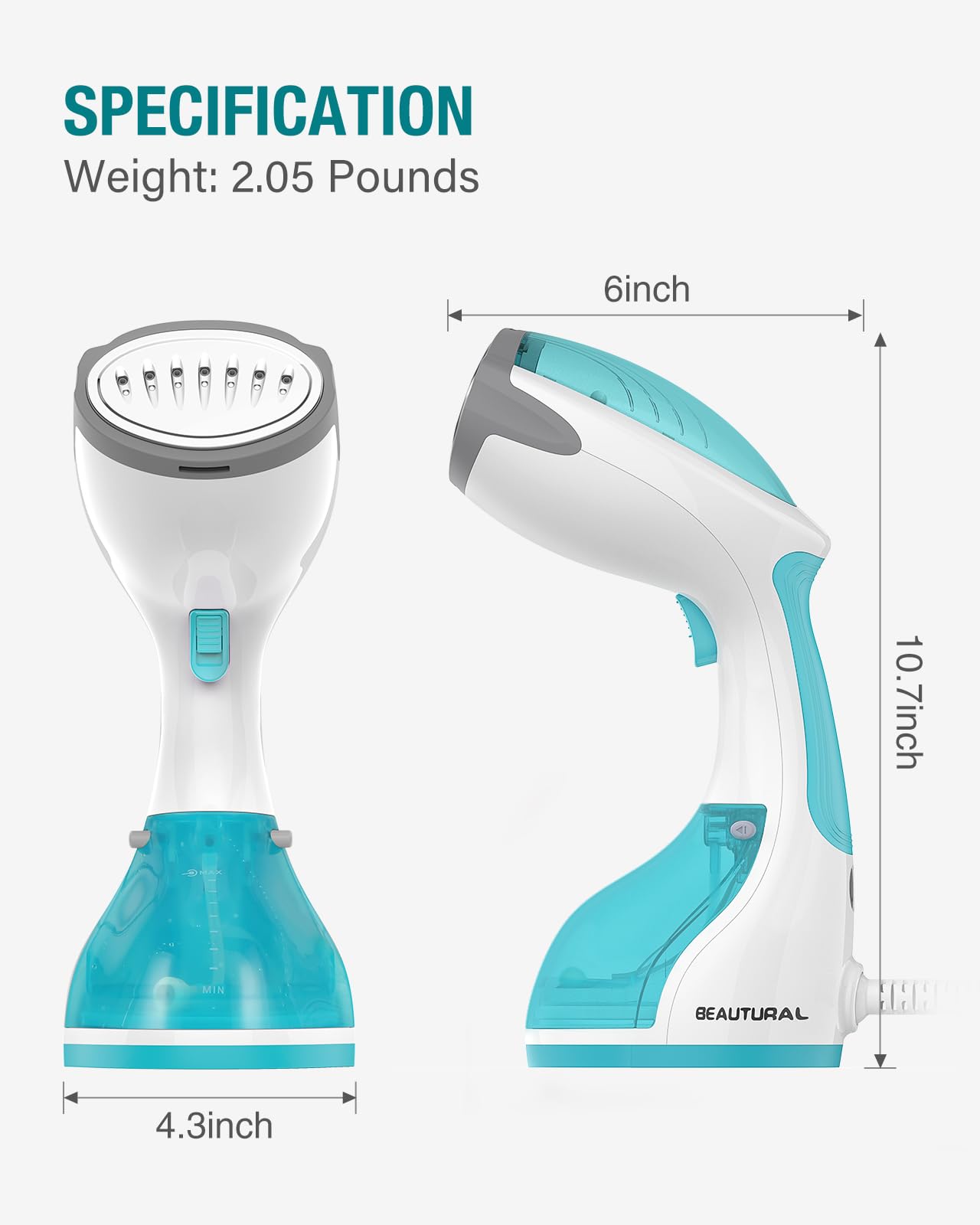 BEAUTURAL Steamer for Clothes, Portable Handheld Garment Fabric Wrinkles Remover, 30-Second Fast Heat-up, Auto-Off, Large Detachable Water Tank