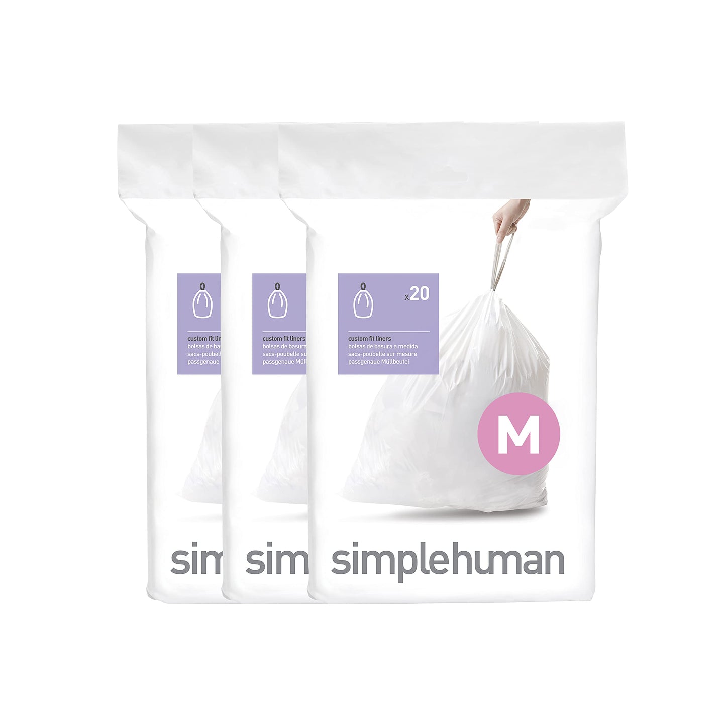 simplehuman Code H 60 Count, Genuine Custom Fit Liners, Drawstring Trash Bags in Dispenser Packs, 30-35 Liter / 8-9.2 Gallon, White