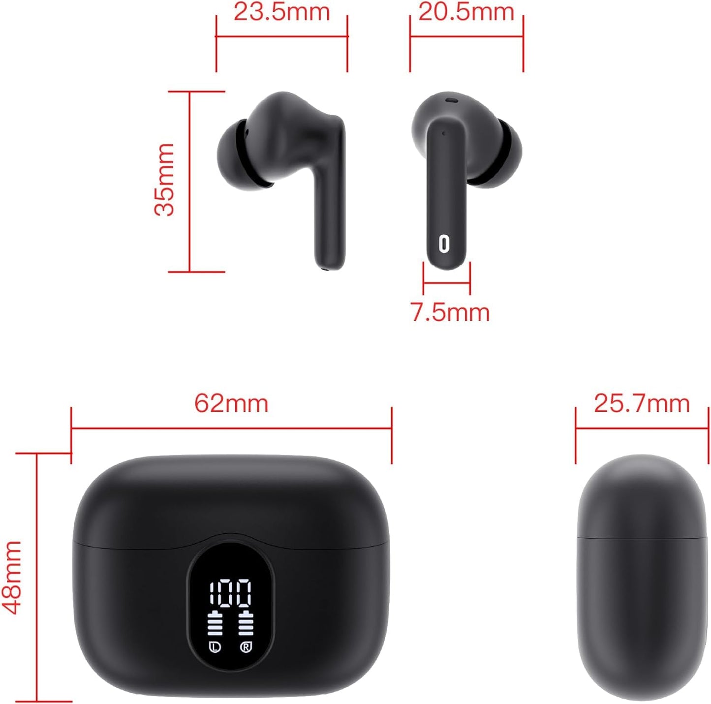 Wireless Earbuds Bluetooth 5.4 Headphones Bass Stereo Ear Buds with Noise Cancelling Mic LED Display in Ear Earphones IP7 Waterproof 36H Playtime for Laptop Pad Phones Sports Workout White