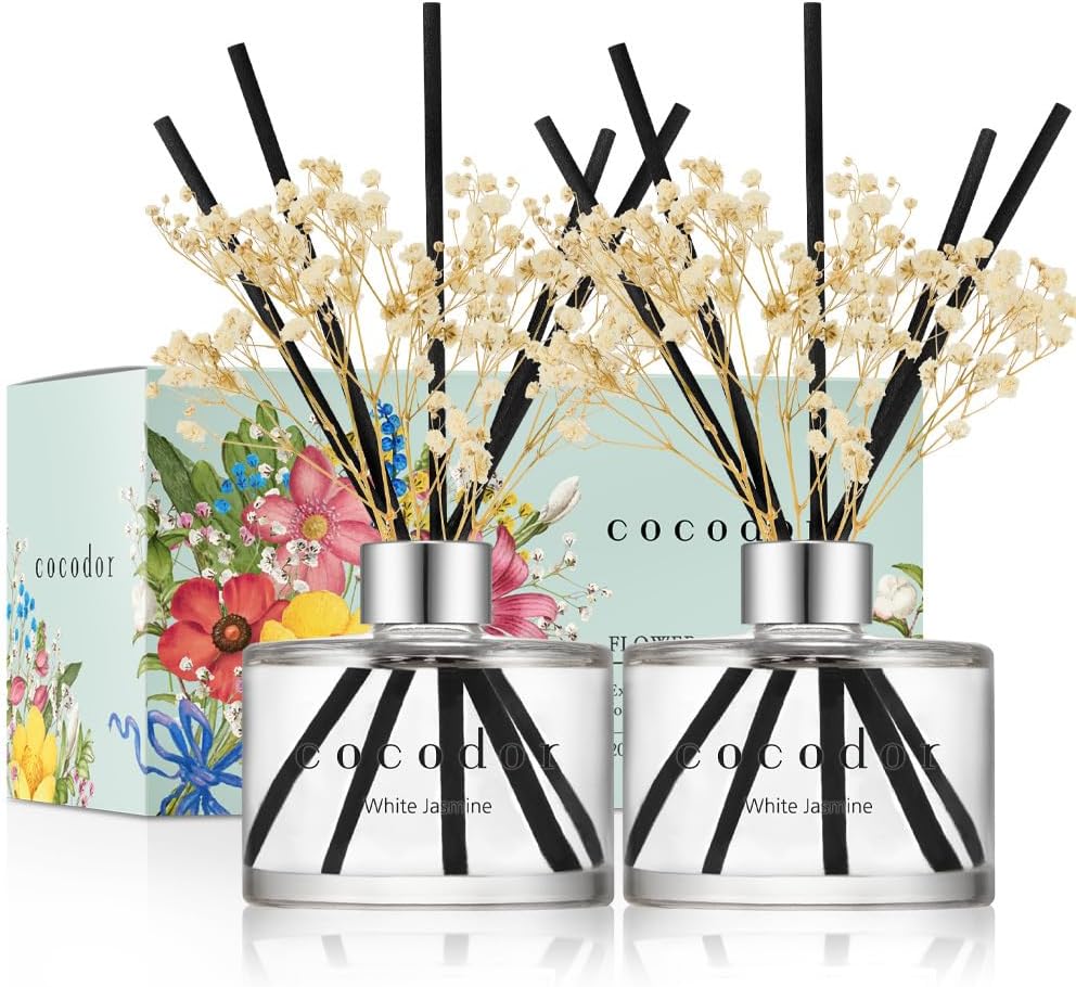 COCODOR Flower Reed Diffuser Set / 6.7oz / White Jasmine/Scent Diffuser with Sticks Home Fragrance Reed Diffuser for Bathroom Shelf Decor