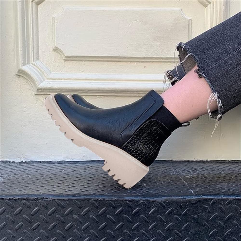 Trish Lucia Damen Chelsea-Stiefel mit Plateausohle, knöchelhoch, klobiger Blockabsatz, rutschfest, Wildleder, modische Schlupfstiefeletten