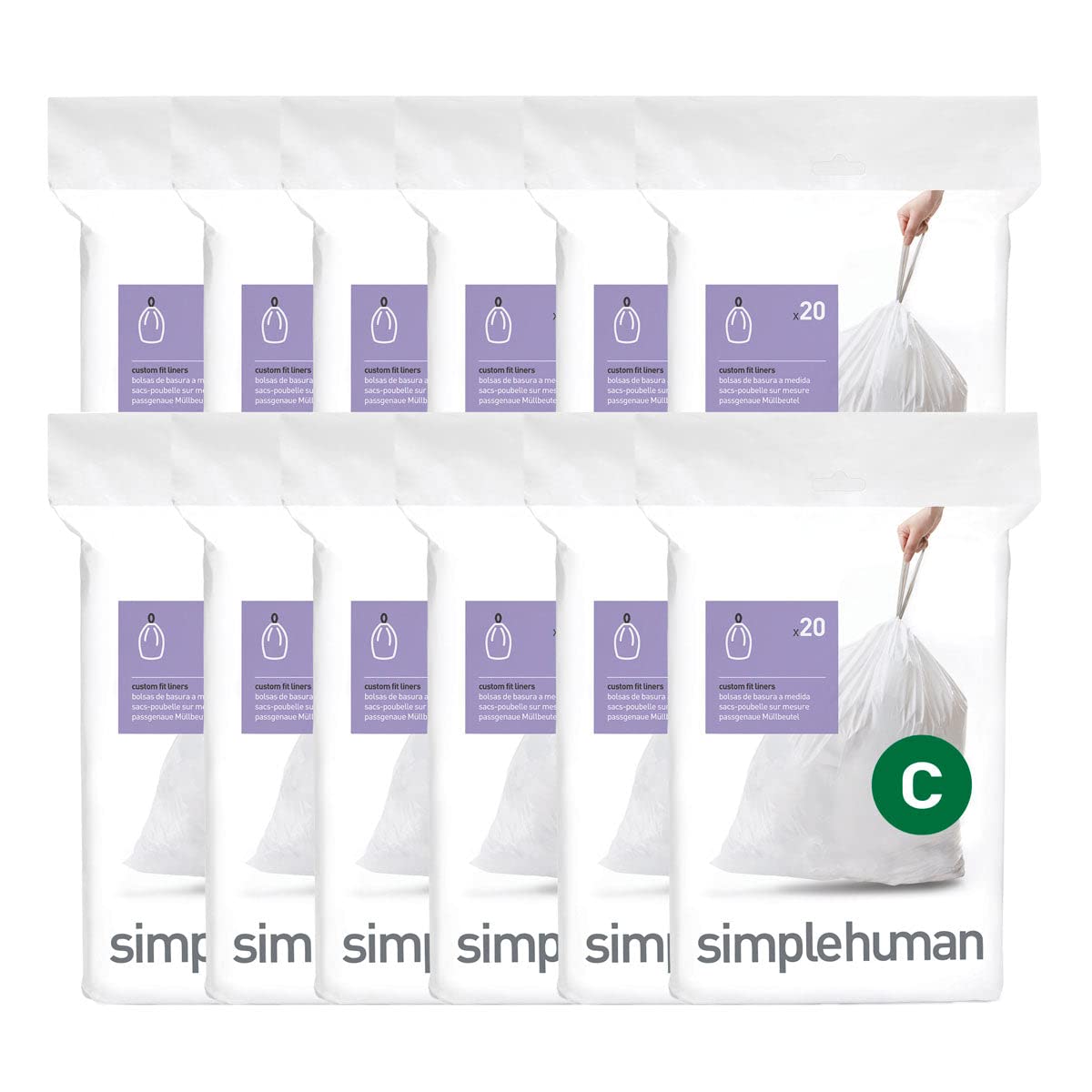 simplehuman Code H 60 Count, Genuine Custom Fit Liners, Drawstring Trash Bags in Dispenser Packs, 30-35 Liter / 8-9.2 Gallon, White