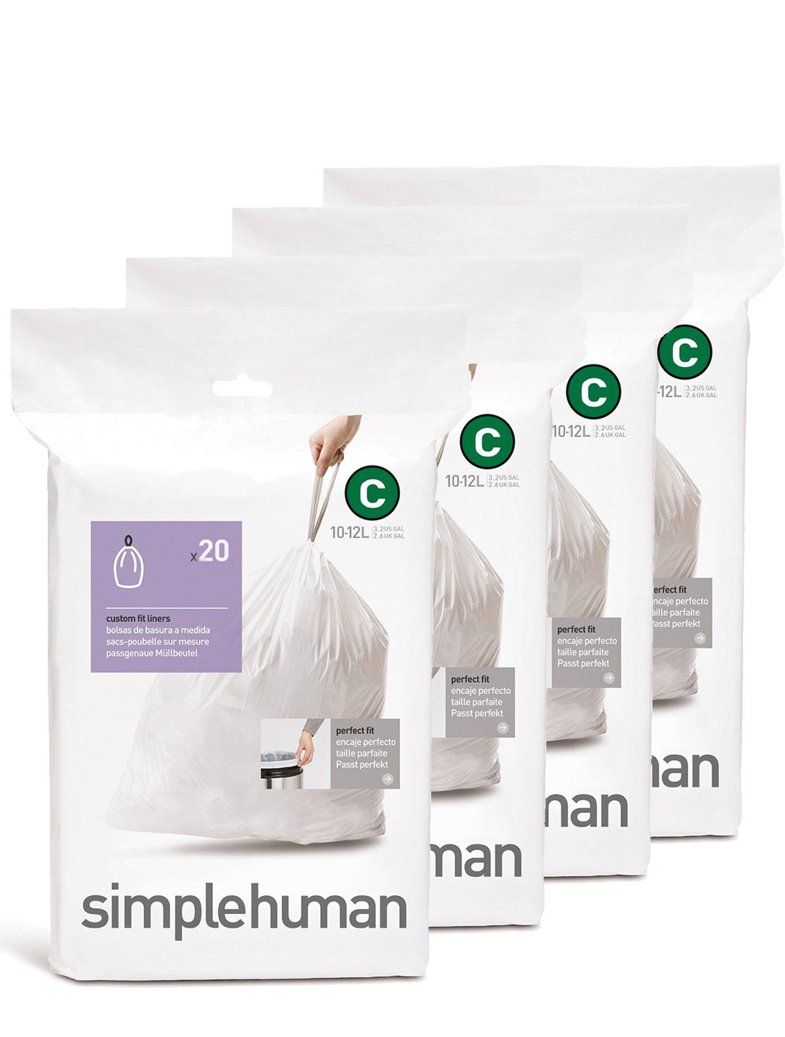 simplehuman Code H 60 Count, Genuine Custom Fit Liners, Drawstring Trash Bags in Dispenser Packs, 30-35 Liter / 8-9.2 Gallon, White