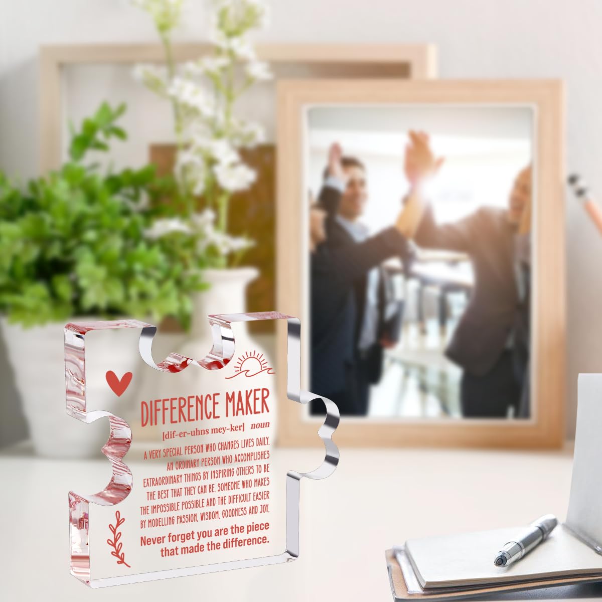 A heartfelt thank-you gift that says it all—beautifully printed on a clear 4.7 x 4.3 inch acrylic sign. Stylish, lightweight, and ready to display on any desk, shelf, or tabletop. Each piece is gift-ready and designed to leave a lasting impression.