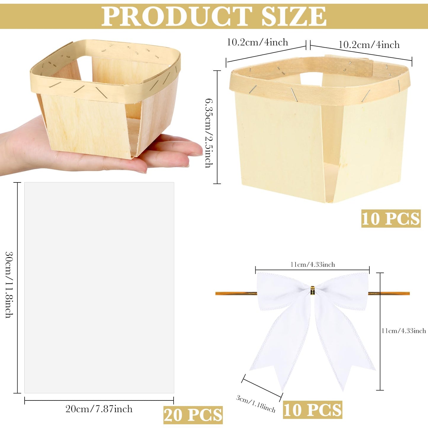 Yerliker 10 Set Wooden Mini Baskets for Gifts Empty 4 Inches Small Baskets Berry Basket Bows Clear Treat Bags Set for DIY Picking Wedding Birthday Easter(White,Satin)