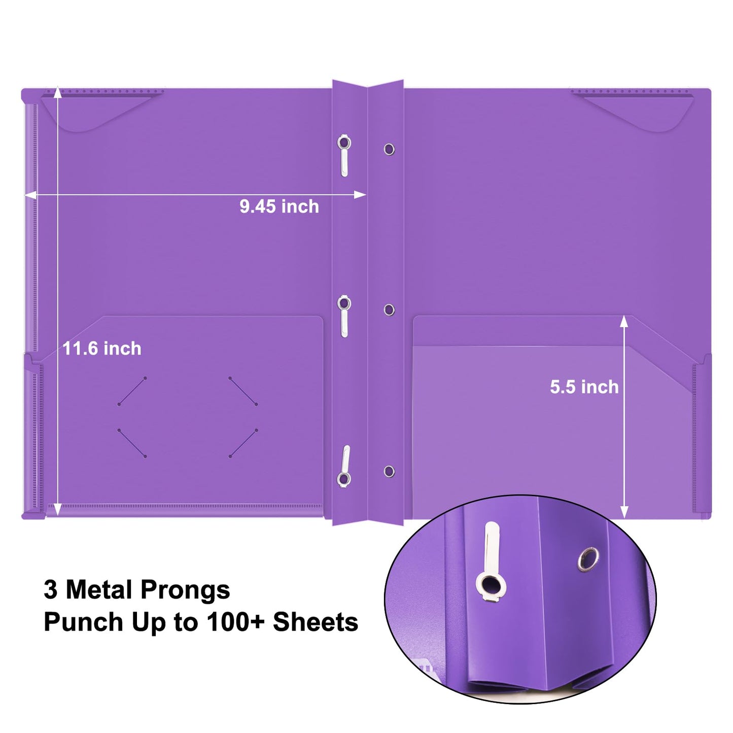 Chemises en plastique épais ViVin avec pochettes et broches, deux poches, poche avant transparente et onglets de maintien, lot de 6, pour papier au format lettre US, pour l'école et le bureau - Blanc