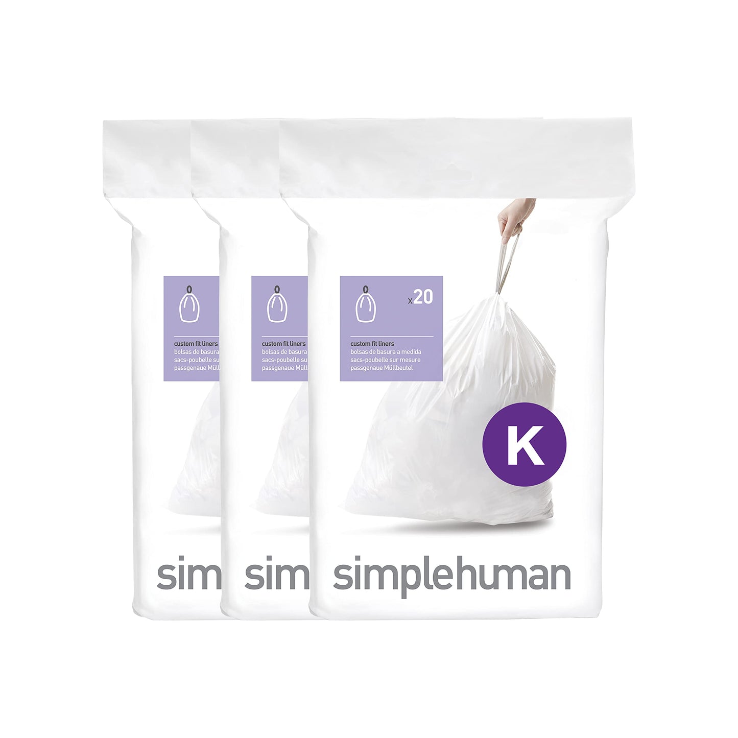 simplehuman Code H 60 Count, Genuine Custom Fit Liners, Drawstring Trash Bags in Dispenser Packs, 30-35 Liter / 8-9.2 Gallon, White