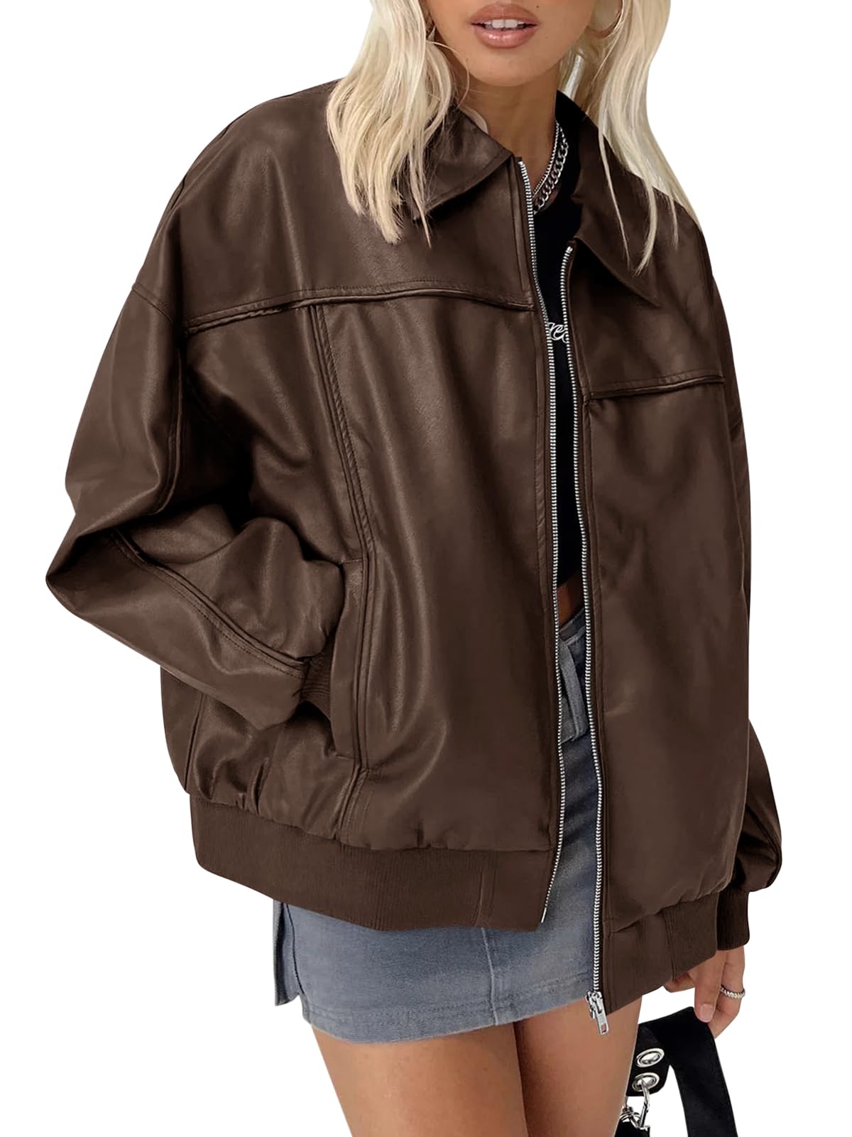 Tankaneo Womens Faux Leather Jackets Oversized Bomber Casual Fall Fashion Zip Up Moto Biker Coats