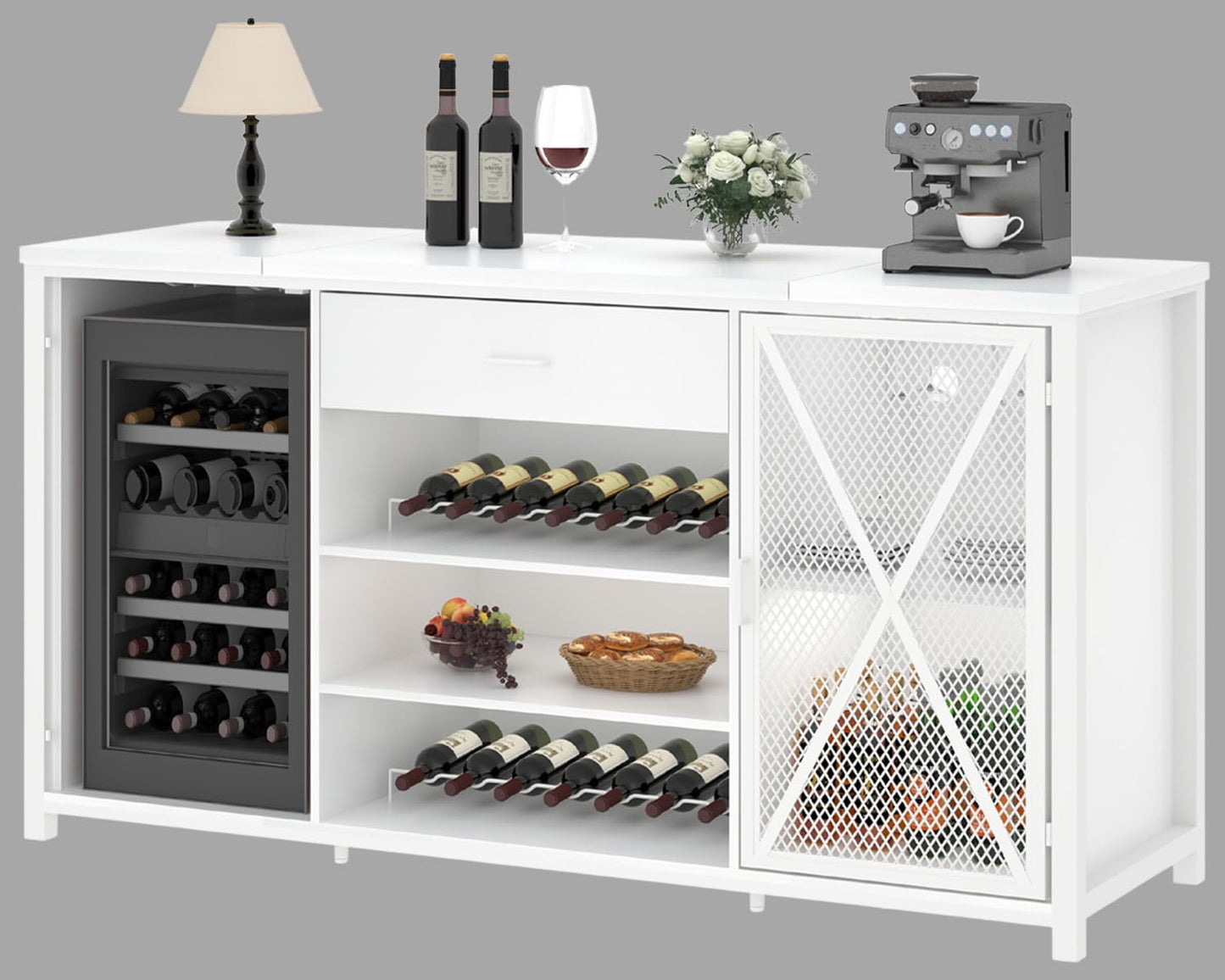LVB Langer Barschrank mit Platz für den Kühlschrank, großer Spirituosenschrank im Landhausstil mit Schubladen, großer Weinschrank aus rustikalem Holz und Metall mit Regal, modernes Sideboard-Buffet für Küche und Esszimmer, grau, 70 Zoll