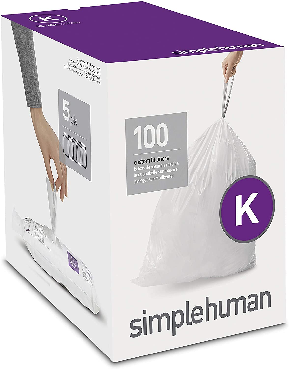 simplehuman Code H 60 Count, Genuine Custom Fit Liners, Drawstring Trash Bags in Dispenser Packs, 30-35 Liter / 8-9.2 Gallon, White