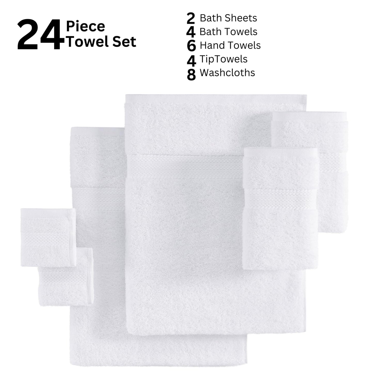 LANE LINEN 24-teiliges Badezimmerhandtuch-Set – 100 % Baumwolle, Badetuch-Sets, 4 Badetücher extragroß, 2 Badelaken, 6 Handtücher fürs Badezimmer, 8 Waschlappen, 4 Fingerkuppen-Handtücher – weiße Handtücher