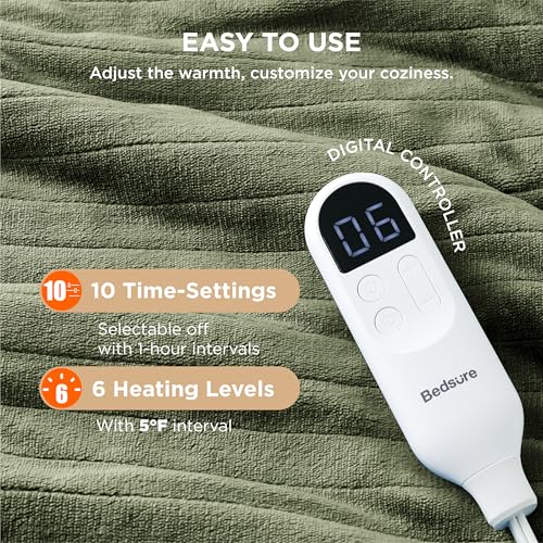 Electric Heated Blanket/Throw - Seamless Flannel Electric Blanket, Heating Blanket with 4 Time Settings & 6 Heat Settings, Warm Blanket Gift for Grandma (50x60 inches, Black)
