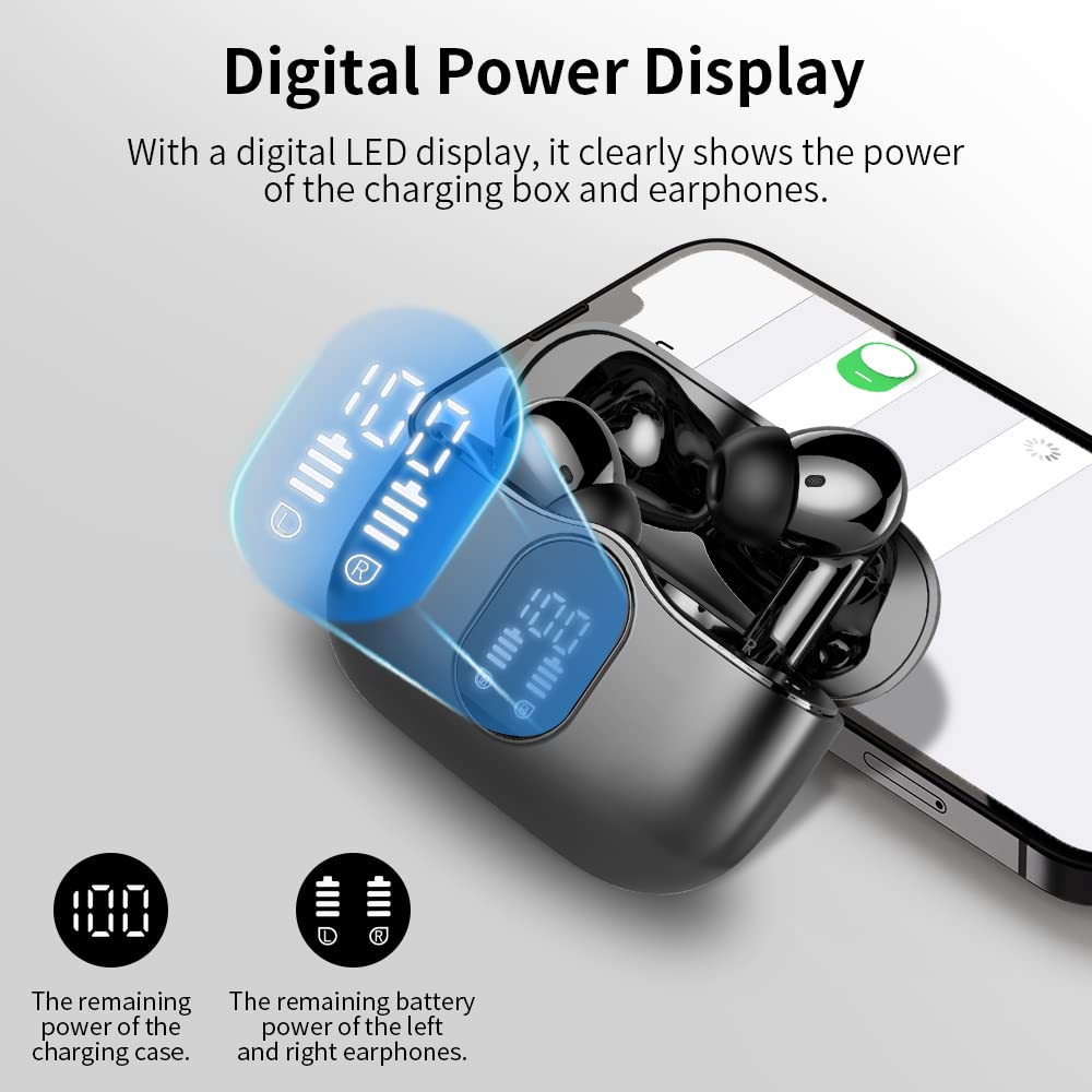 Wireless Earbuds Bluetooth 5.4 Headphones Bass Stereo Ear Buds with Noise Cancelling Mic LED Display in Ear Earphones IP7 Waterproof 36H Playtime for Laptop Pad Phones Sports Workout White