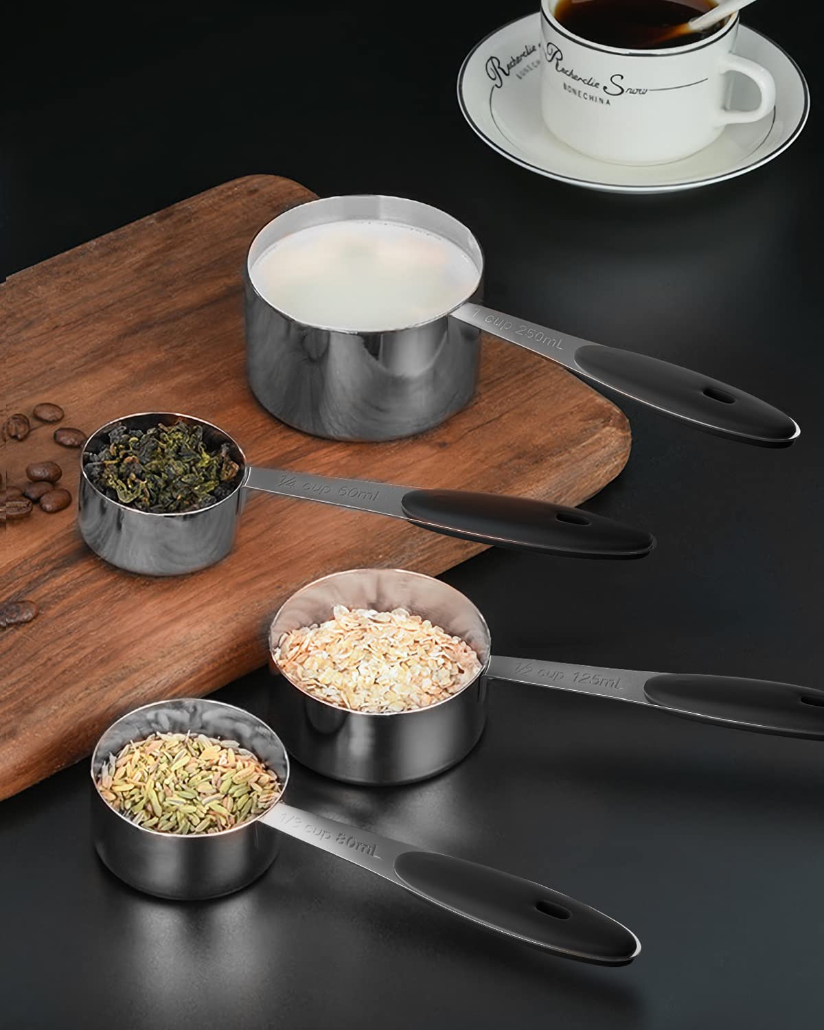 Ensemble de 10 tasses et cuillères à mesurer en acier inoxydable Joyhill, ensemble de tasses à mesurer emboîtables en métal avec poignées en silicone doux au toucher pour ingrédients secs et liquides, cuisine et pâtisserie (noir)