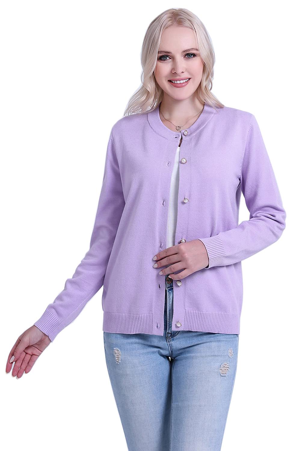 SMILING PINKER Women Cardigan Sweater Crewneck Pearl Button Knitted Tops Medium Weight