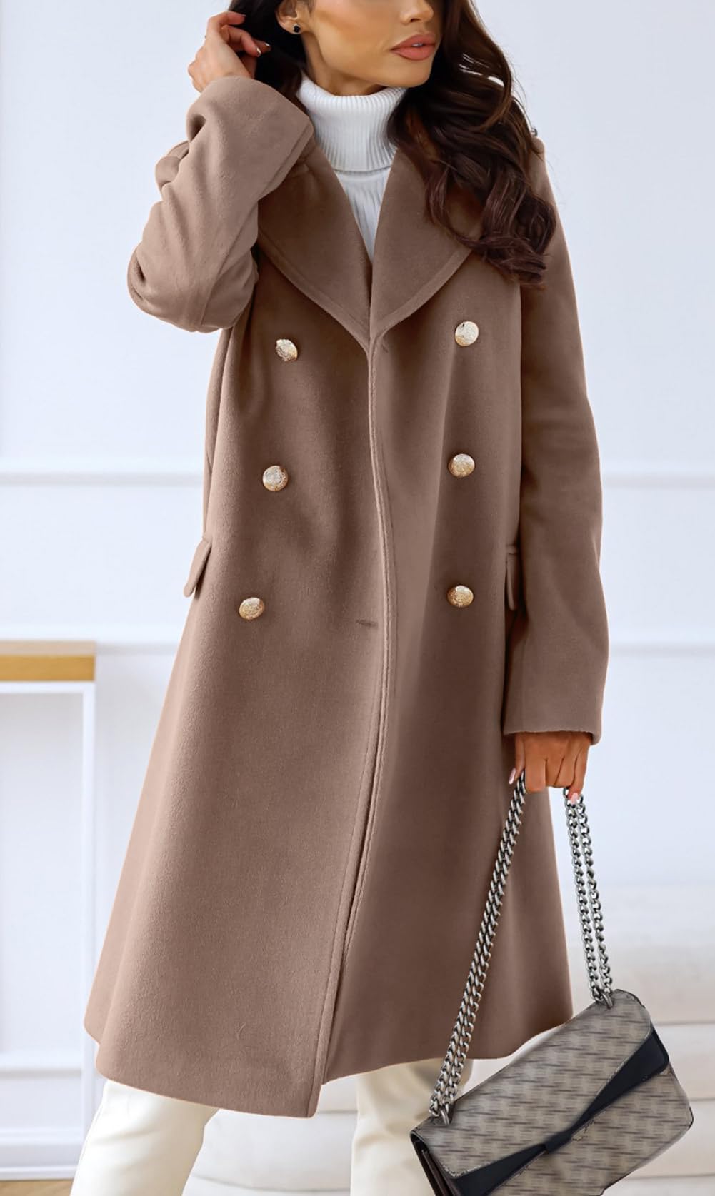 chouyatou Damen Wintermantel mit Revers, zweireihig, für Büro und Arbeit, lang, Wolle, Peacoat