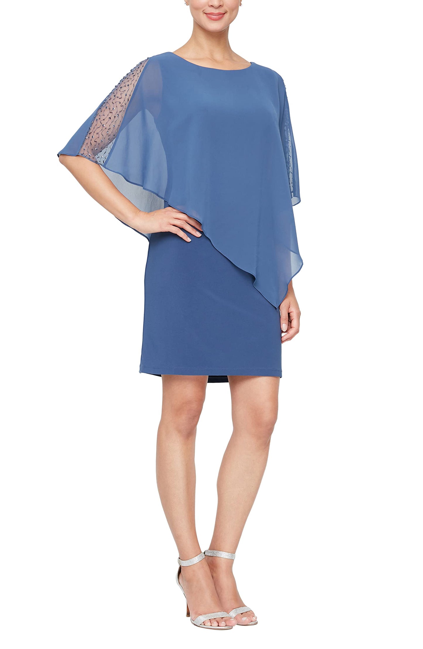 S.L. Fashions Women's Short Sheath Capelet Gown with Asymmetric Overlay, Mother of The Bride Dress (Petite and Regular Sizes)