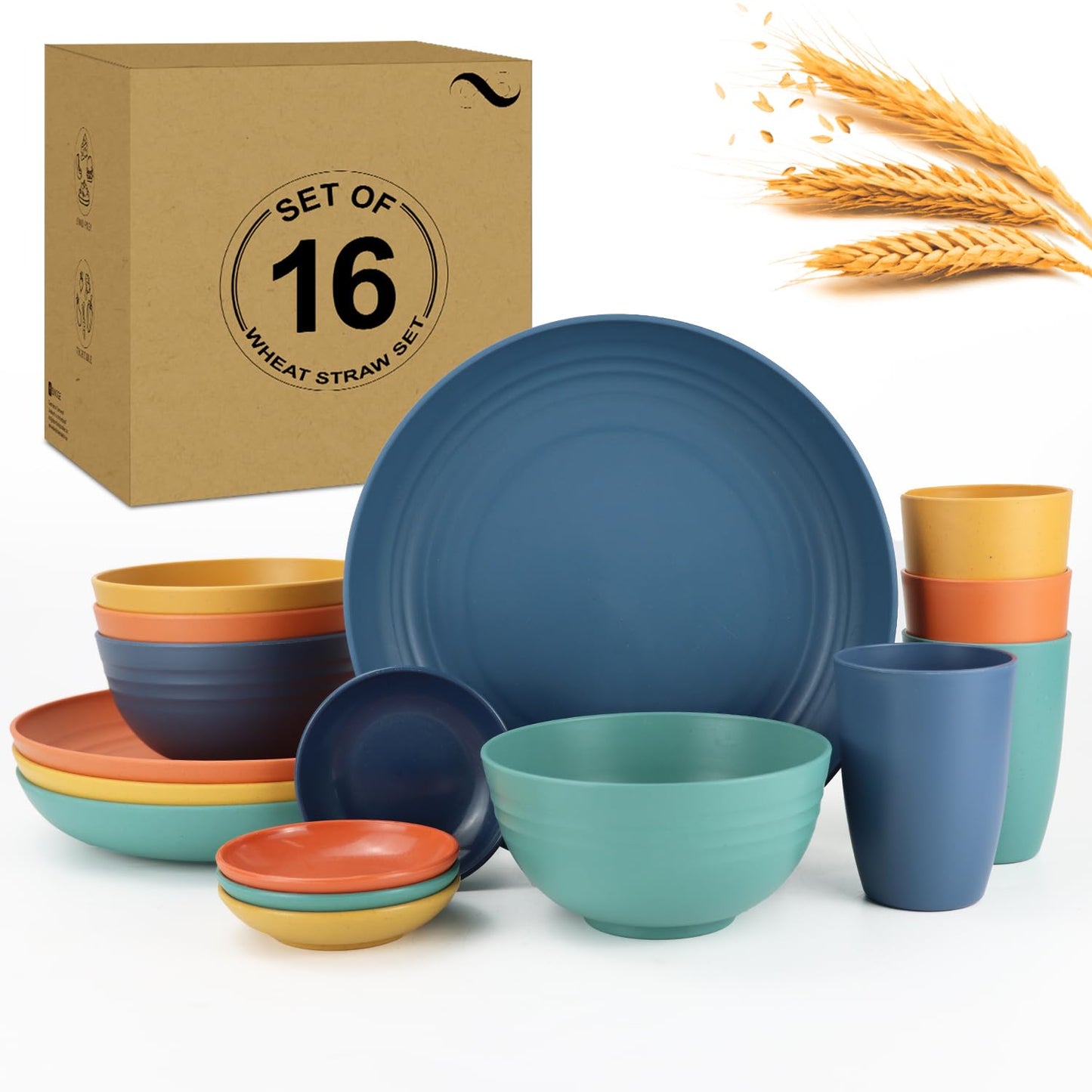 28 Piece Wheat Straw Dinnerware Sets,Dishwasher & Microwave Safe Plates and Bowls Sets - Unbreakable Plastic Dinnerware Sets for 4 Dinner Plates, Cups, Cereal Bowls - Colorful Series