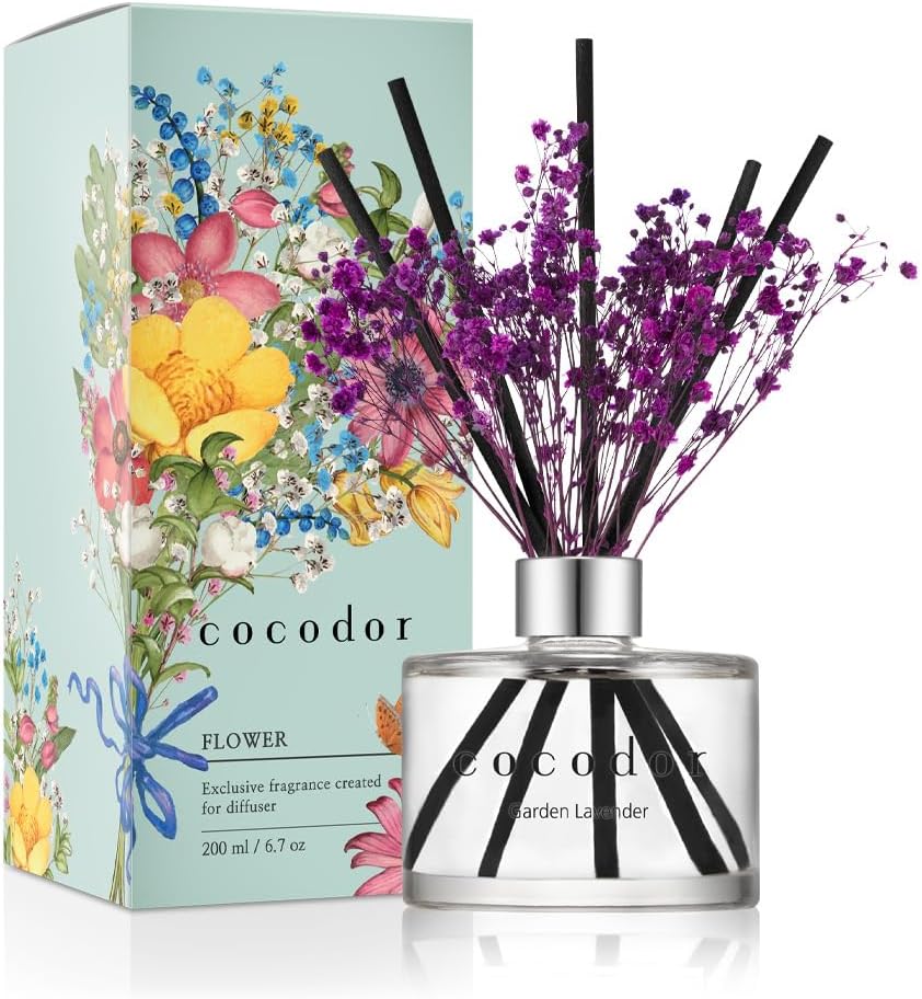 COCODOR Flower Reed Diffuser Set / 6.7oz / White Jasmine/Scent Diffuser with Sticks Home Fragrance Reed Diffuser for Bathroom Shelf Decor
