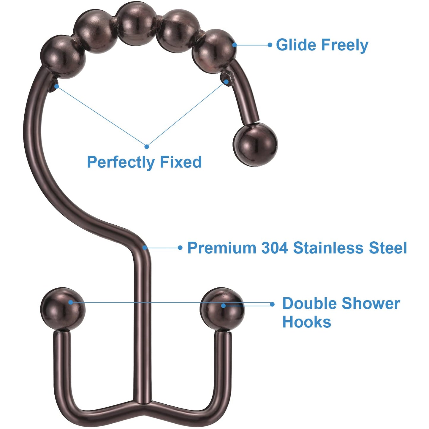 Shower Curtain Hooks Rings, TENOVEL Double Sided Shower Hooks Rust Proof for Bathroom Shower Rods Curtain, Durable Stainless Steel Bathroom Shower Curtain Hangers, Bronze, Set of 12
