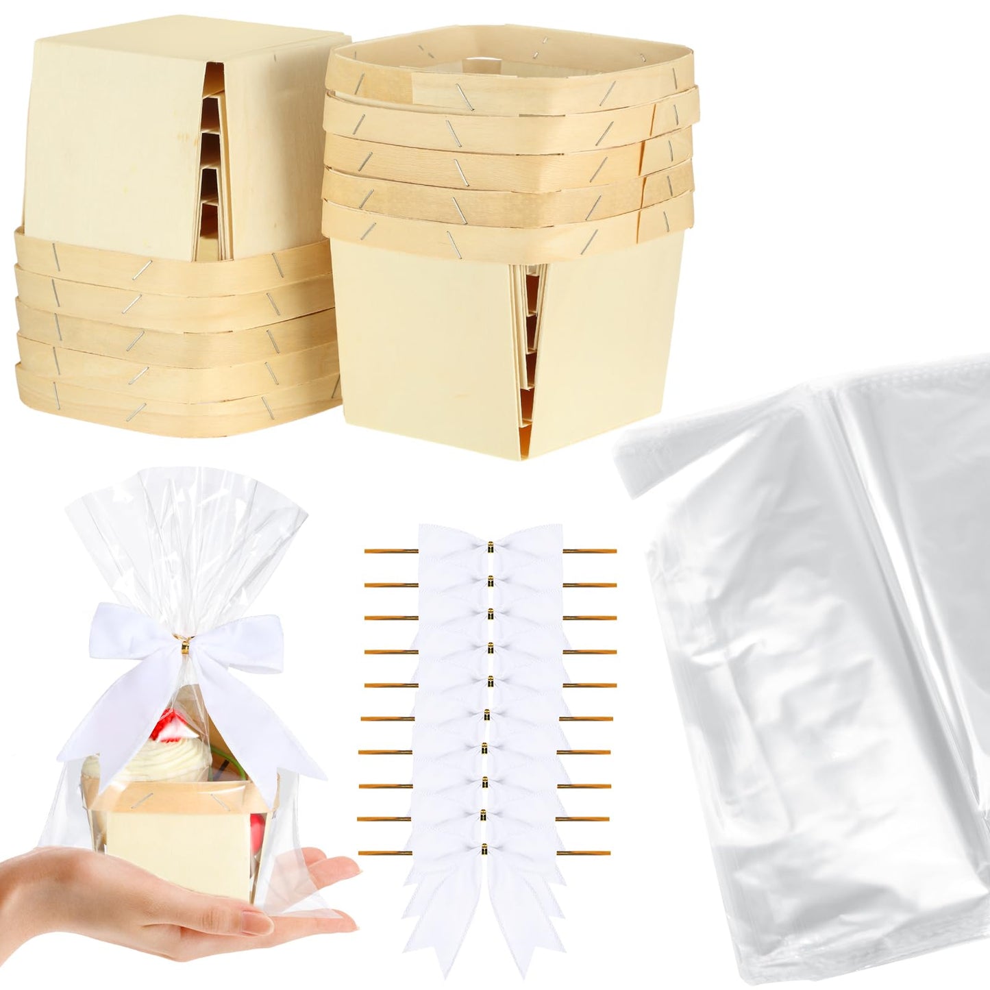 Yerliker 10 Set Wooden Mini Baskets for Gifts Empty 4 Inches Small Baskets Berry Basket Bows Clear Treat Bags Set for DIY Picking Wedding Birthday Easter(White,Satin)