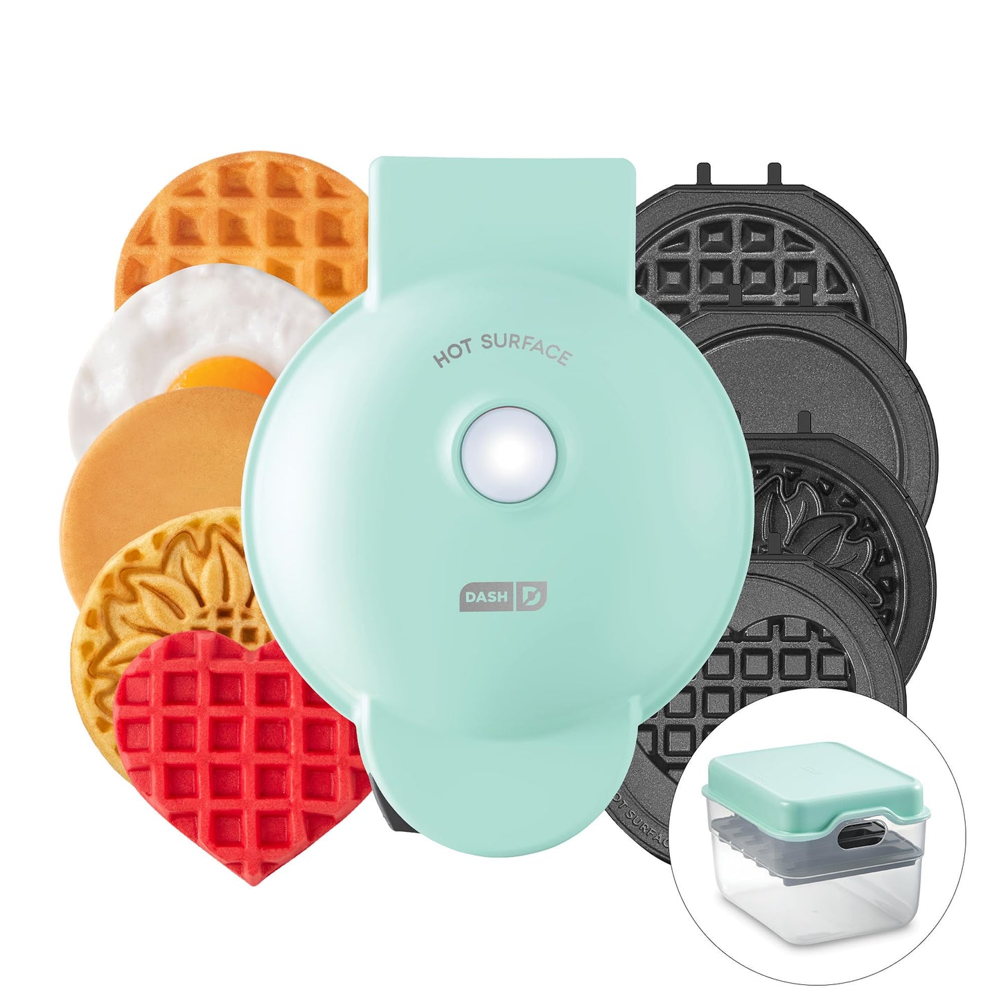 DASH Holiday Multimaker Mini System - Waffle Maker with Six 4” Removable Holiday Plates: Waffle Iron & Griddle, 4-in-1 Mini Waffle Maker for Kids and Families – Nonstick Surface, Santa Waffle (Red)