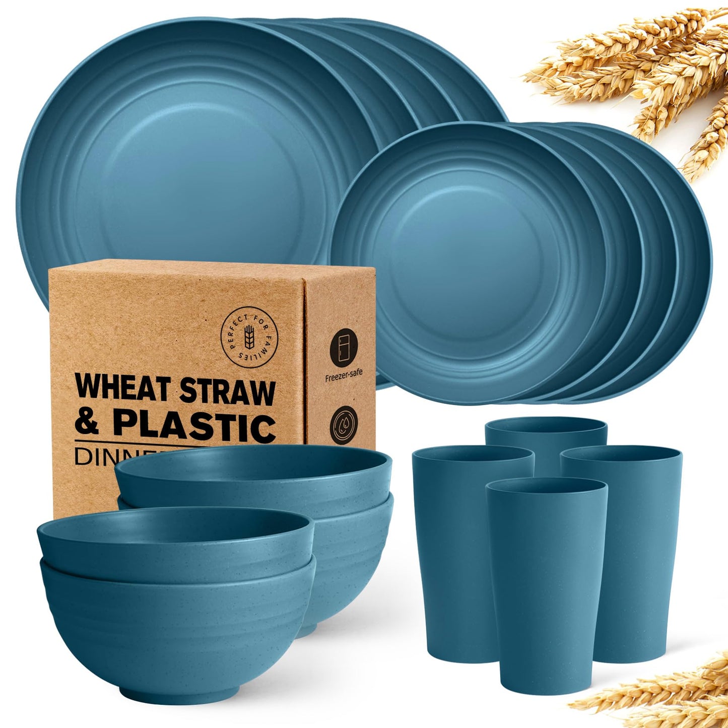 Teivio 16-Piece Kitchen Plastic Wheat Straw Dinnerware Set, Service for 4, Dinner Plates, Dessert Plate, Cereal Bowls, Cups, Unbreakable Plastic Outdoor Camping Dishes, Grey