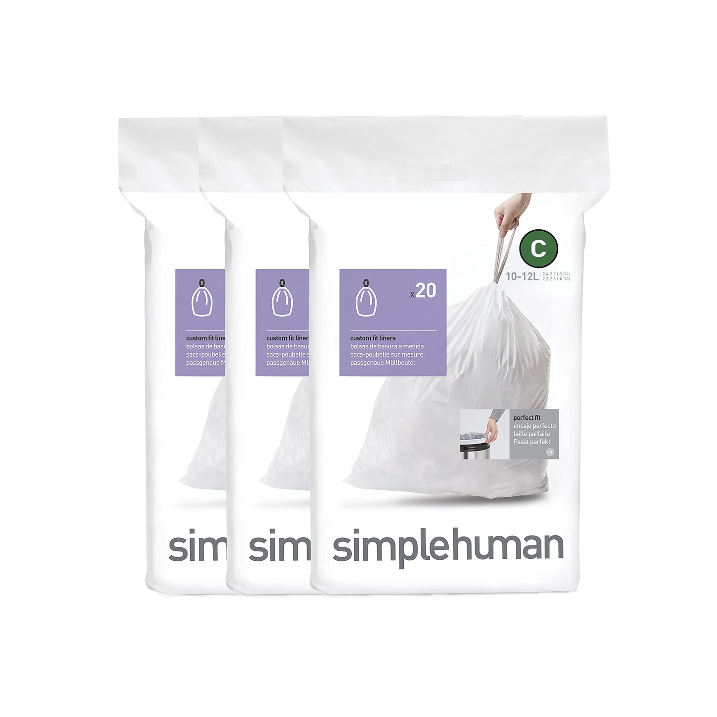 simplehuman Code H 60 Count, Genuine Custom Fit Liners, Drawstring Trash Bags in Dispenser Packs, 30-35 Liter / 8-9.2 Gallon, White