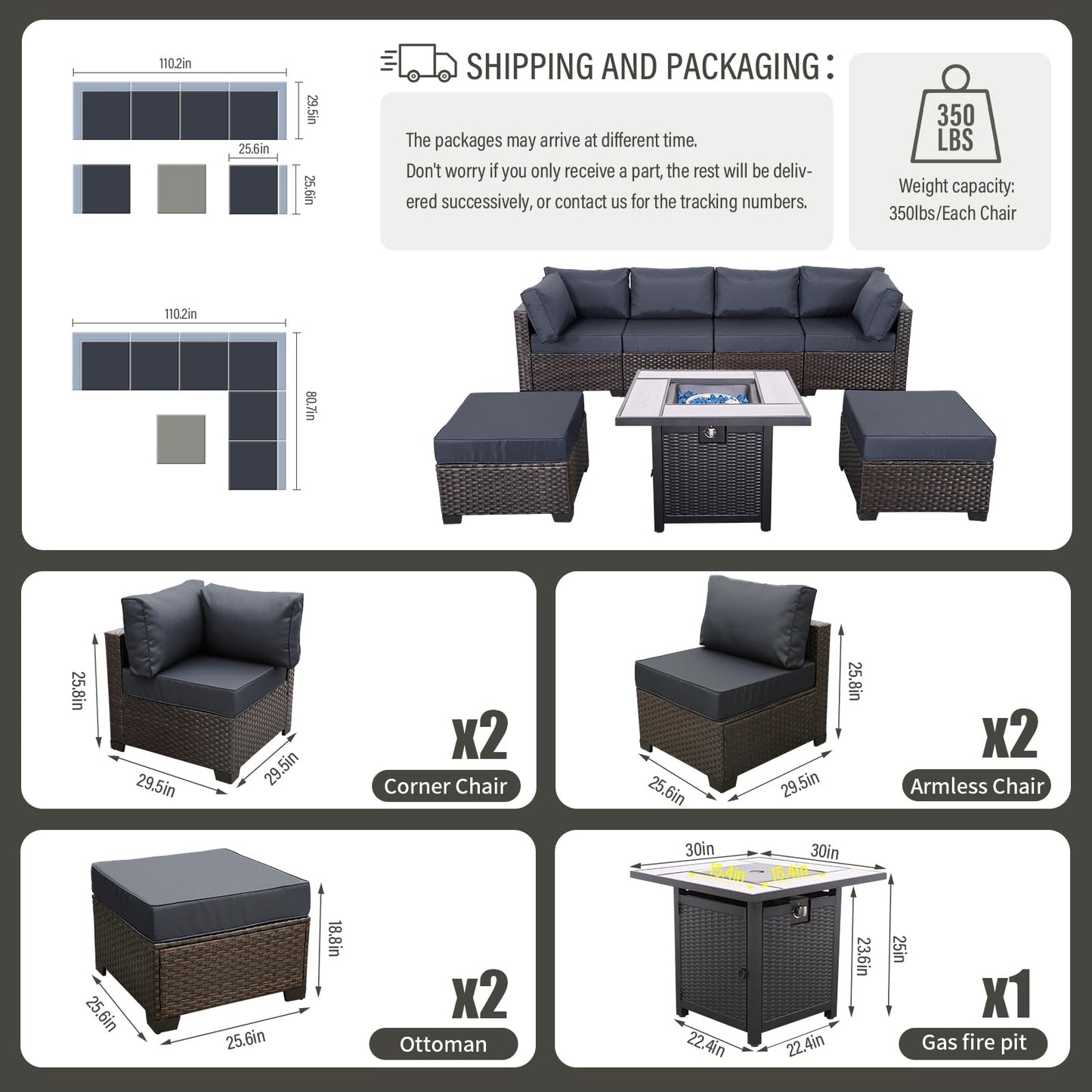 Outdoor Patio Dark Brown Rattan 7 Piece Sectional Set PE Wicker Conversation Sofa with Liftable Storage Table Non-Slip 5" Thick Royal Blue Cushion and Furniture Cover