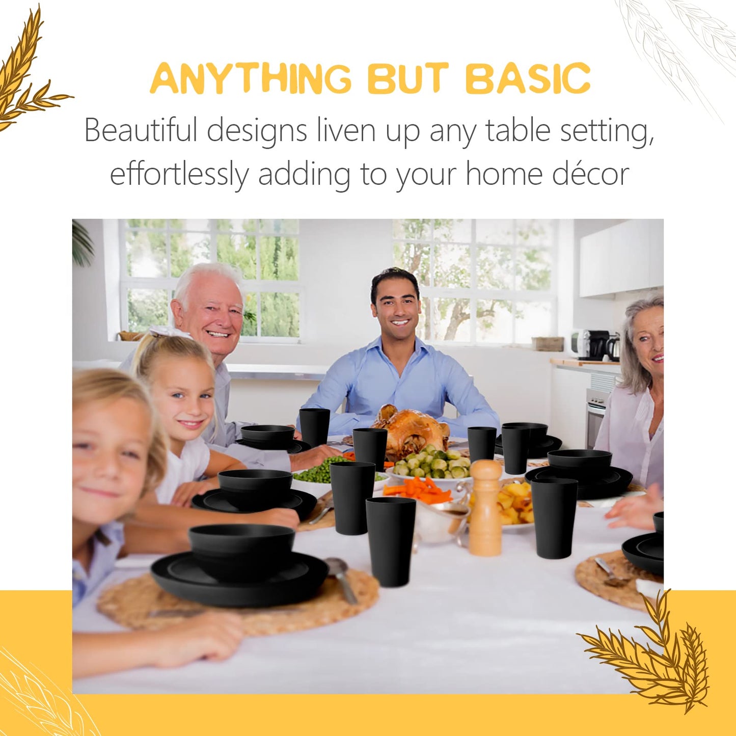 Teivio 16-Piece Kitchen Plastic Wheat Straw Dinnerware Set, Service for 4, Dinner Plates, Dessert Plate, Cereal Bowls, Cups, Unbreakable Plastic Outdoor Camping Dishes, Grey