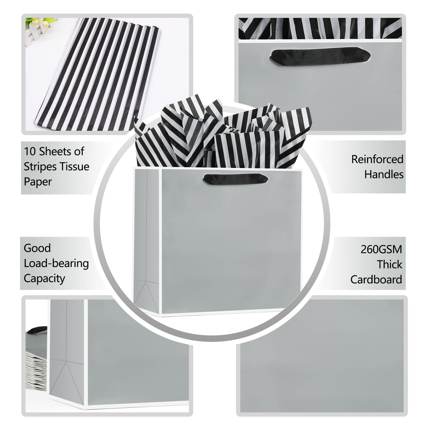 Offizon 6 Pack 12.6 Inches Black Gift Bags, Large Gift Bags with Tissue Paper