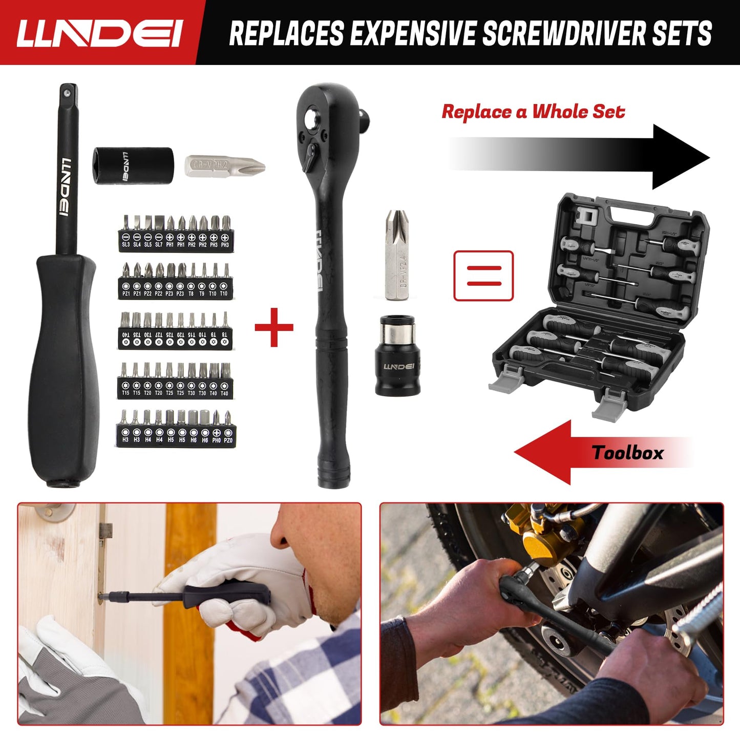Jeu de douilles à chocs LLNDEI 1/4 et 3/8 pouces, 186 douilles complètes métriques et standard, jeu d'outils de douilles profondes et peu profondes CR-V avec poignée de clé à cliquet, douille de bougie d'allumage, jeu d'embouts pour mécanicien
