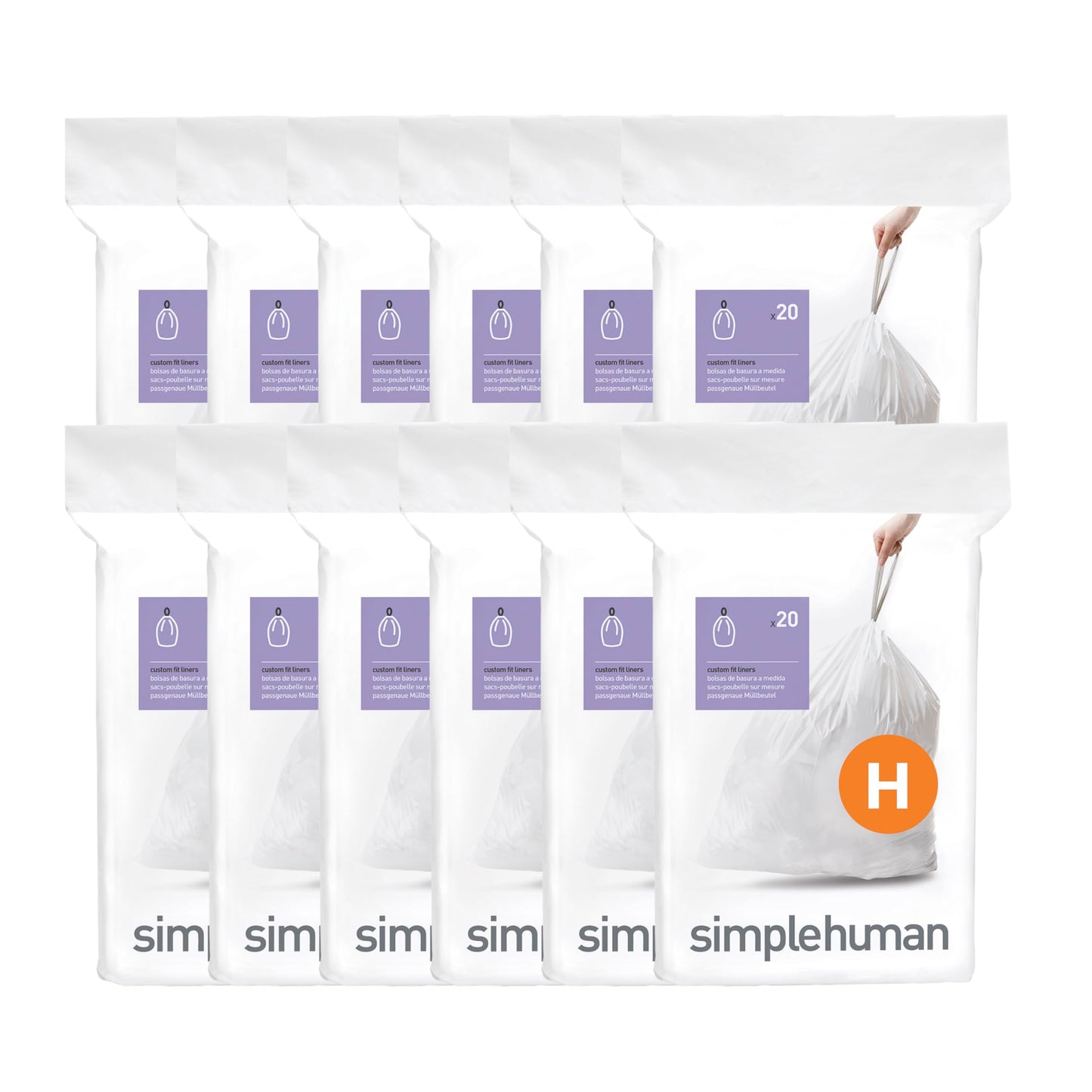 simplehuman Code H 60 Count, Genuine Custom Fit Liners, Drawstring Trash Bags in Dispenser Packs, 30-35 Liter / 8-9.2 Gallon, White