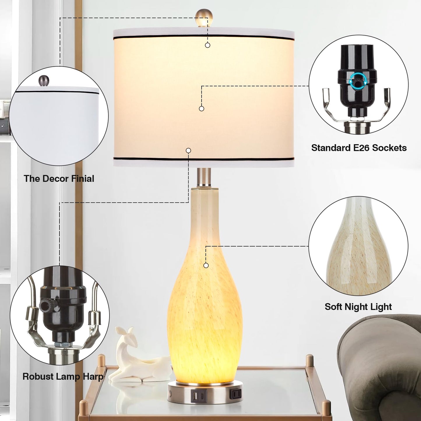 27-Zoll-Tischlampen aus Glas, 2er-Set mit Nachtlicht, moderne Nachttischlampen mit 3-Wege-Touch-Steuerung, USB-A+C-Anschlüssen und AC-Steckdose, gelbe Nachttischlampen im Boho-Stil für das Wohnzimmer im Schlafzimmer