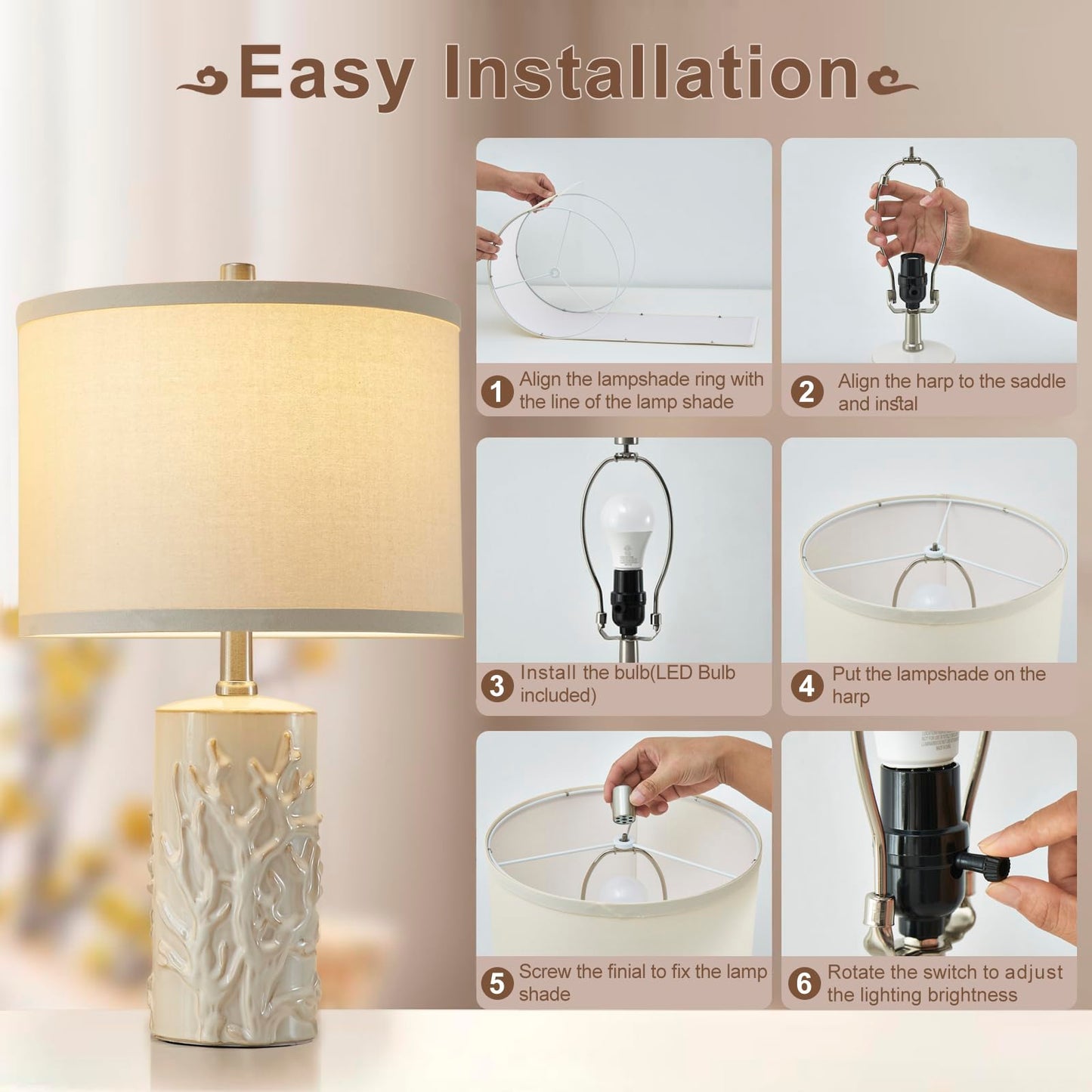 Luvkczc Moderne Keramiklampen für Schlafzimmer, 2er-Set, 3-Farbtemperatur-Tischlampe, Nachttischlampe, Schreibtisch-Leselampe mit Stoffschirm in Trommelform für Schlafzimmer, Wohnzimmer, 2 Glühbirnen enthalten (21,4 Zoll)