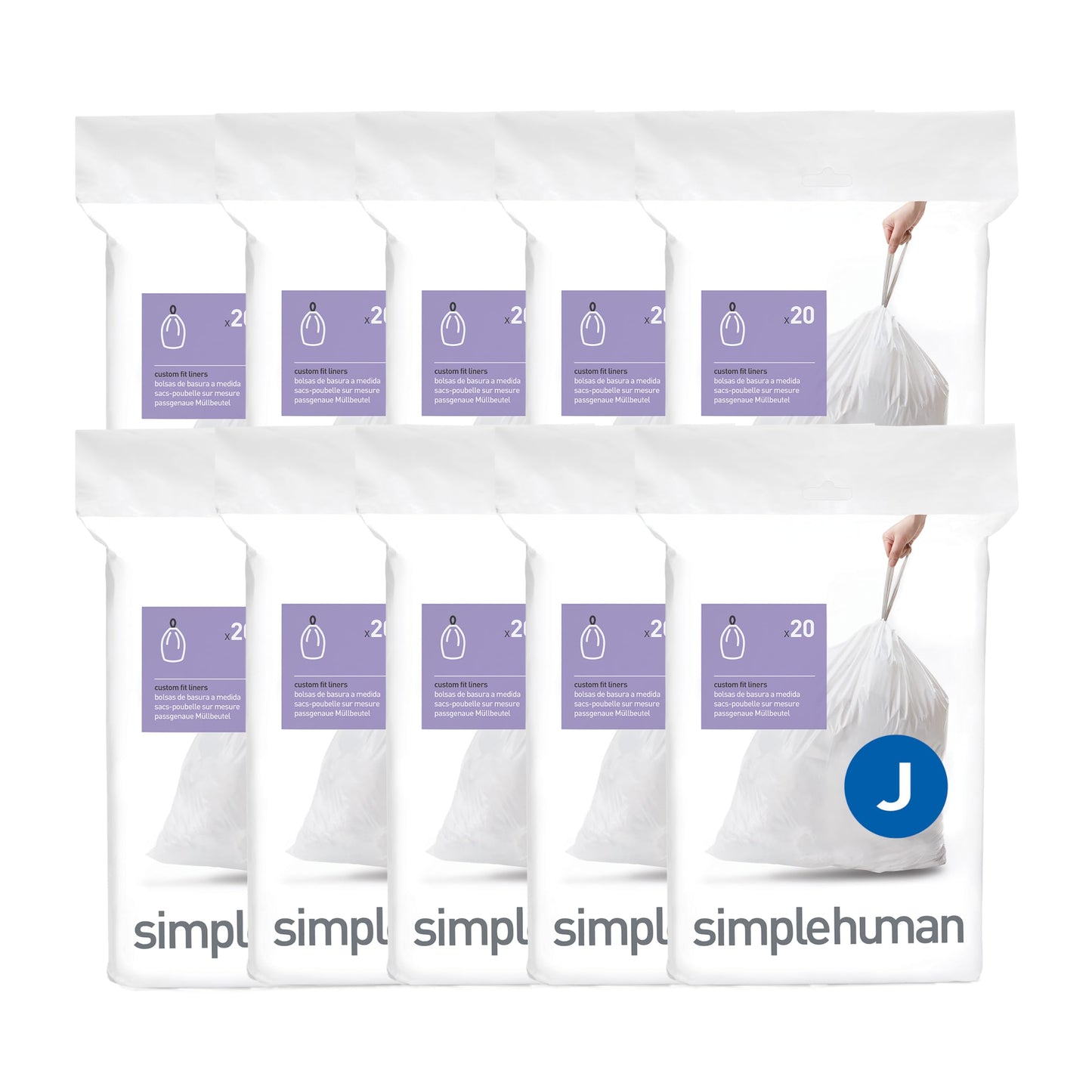 simplehuman Code H 60 Count, Genuine Custom Fit Liners, Drawstring Trash Bags in Dispenser Packs, 30-35 Liter / 8-9.2 Gallon, White