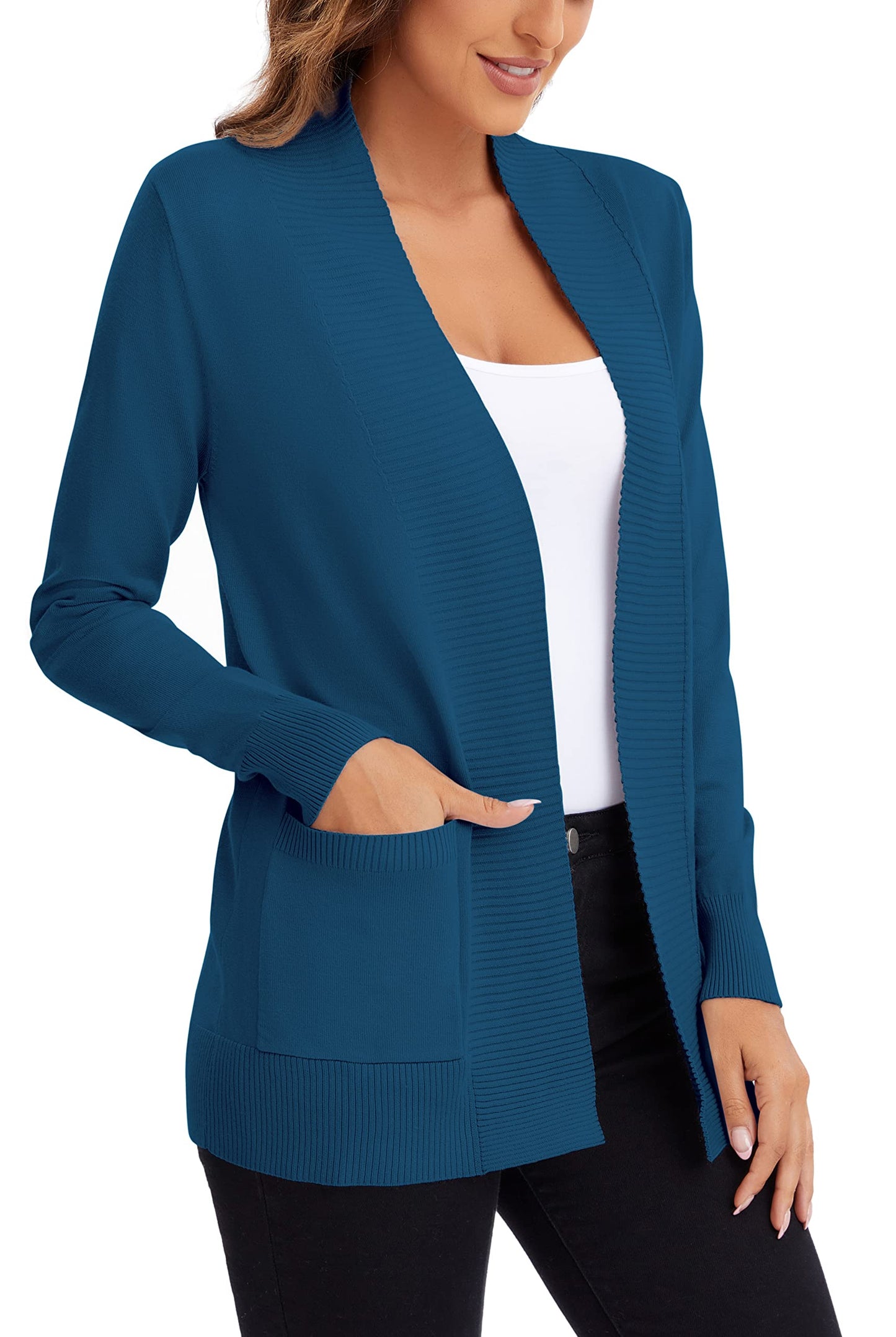 Urban CoCo Leichter Strickjacke für Damen mit offener Vorderseite, lange Ärmel, mit Tasche