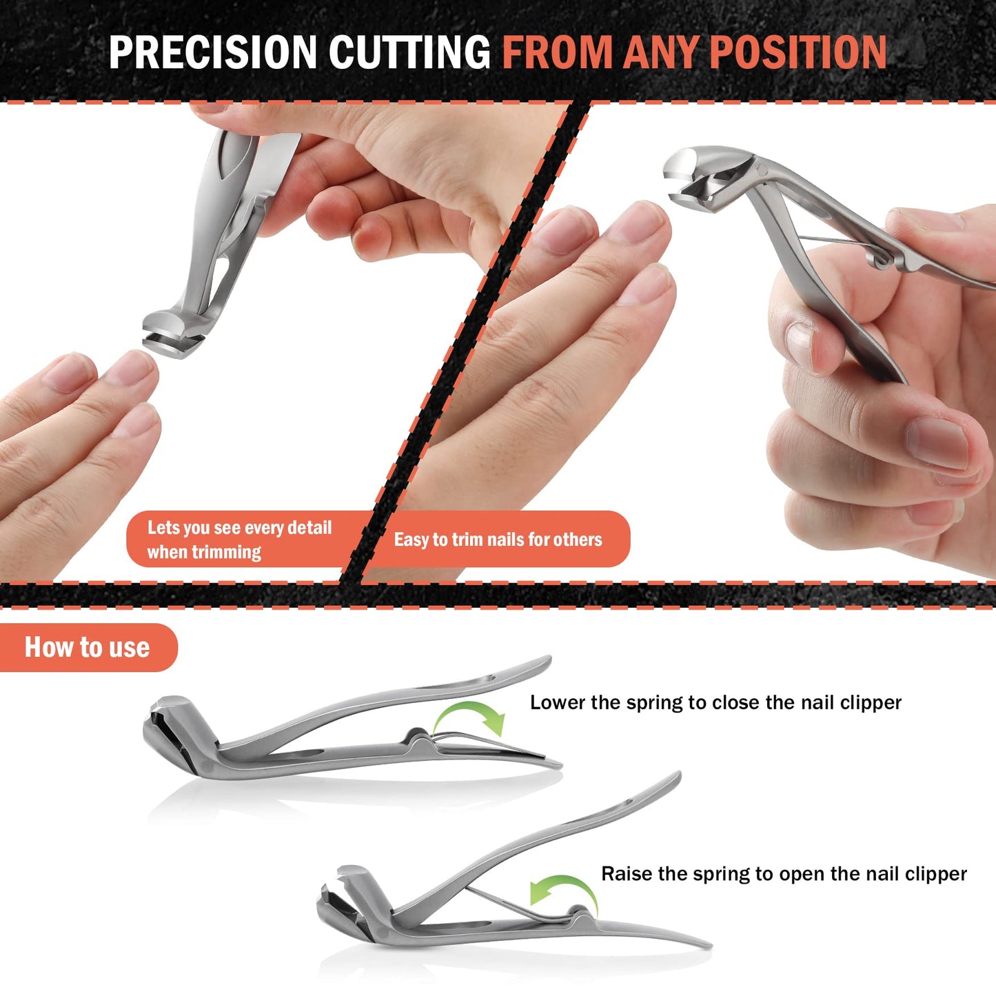 BEZOX Angled Head Toe Nail Clippers for Seniors for Thick Nails - Ergonomic Toenails Clipper for Thick Toenails, Premium Finger Nails Clipper for Adult with Catcher - Black