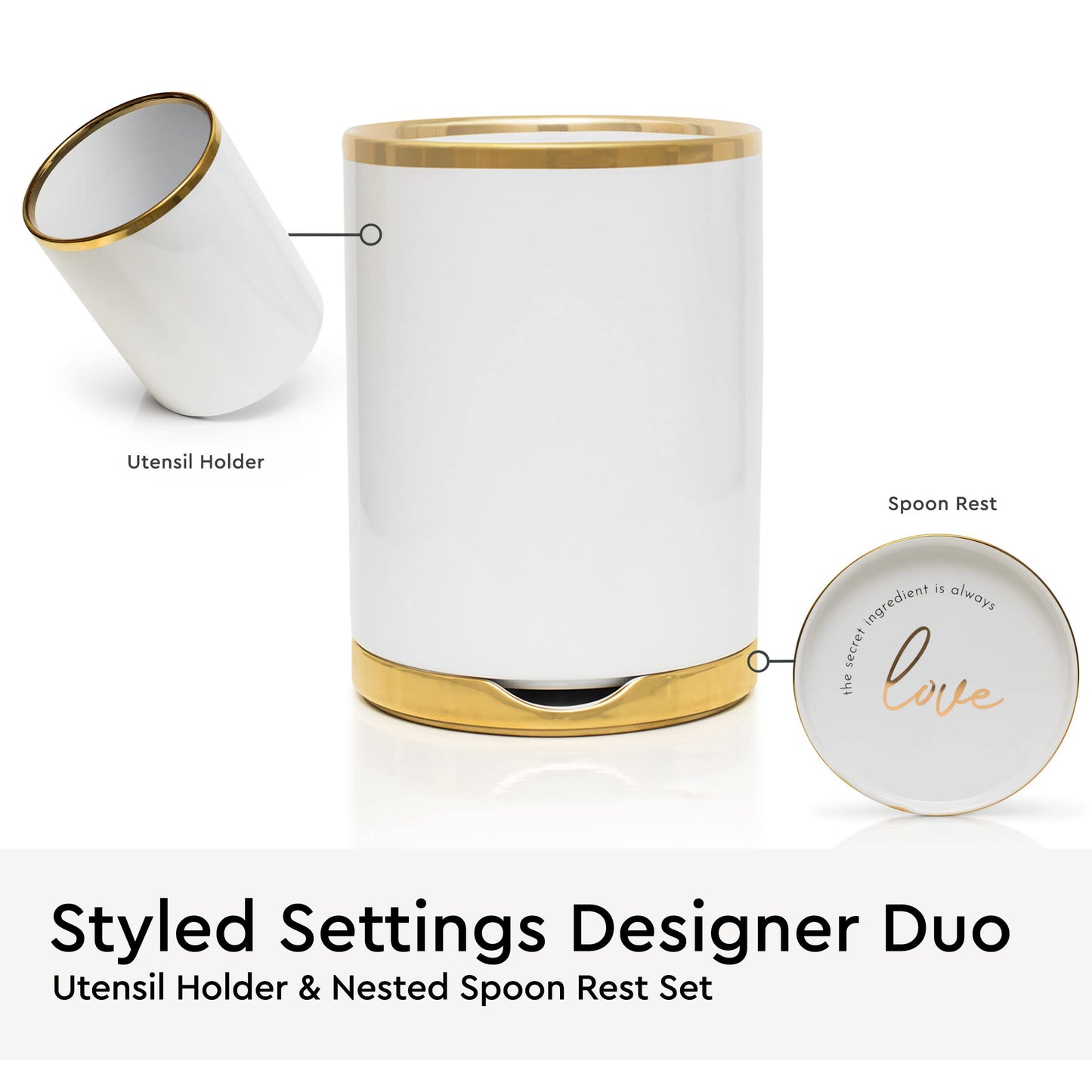 Ensemble d'ustensiles de cuisine en bois – Ensemble de 8 pièces comprenant des ustensiles de cuisine en bois et en or, un porte-ustensiles blanc et un repose-cuillère en bois – Ustensiles de cuisine durables et élégants pour cuisiner et servir