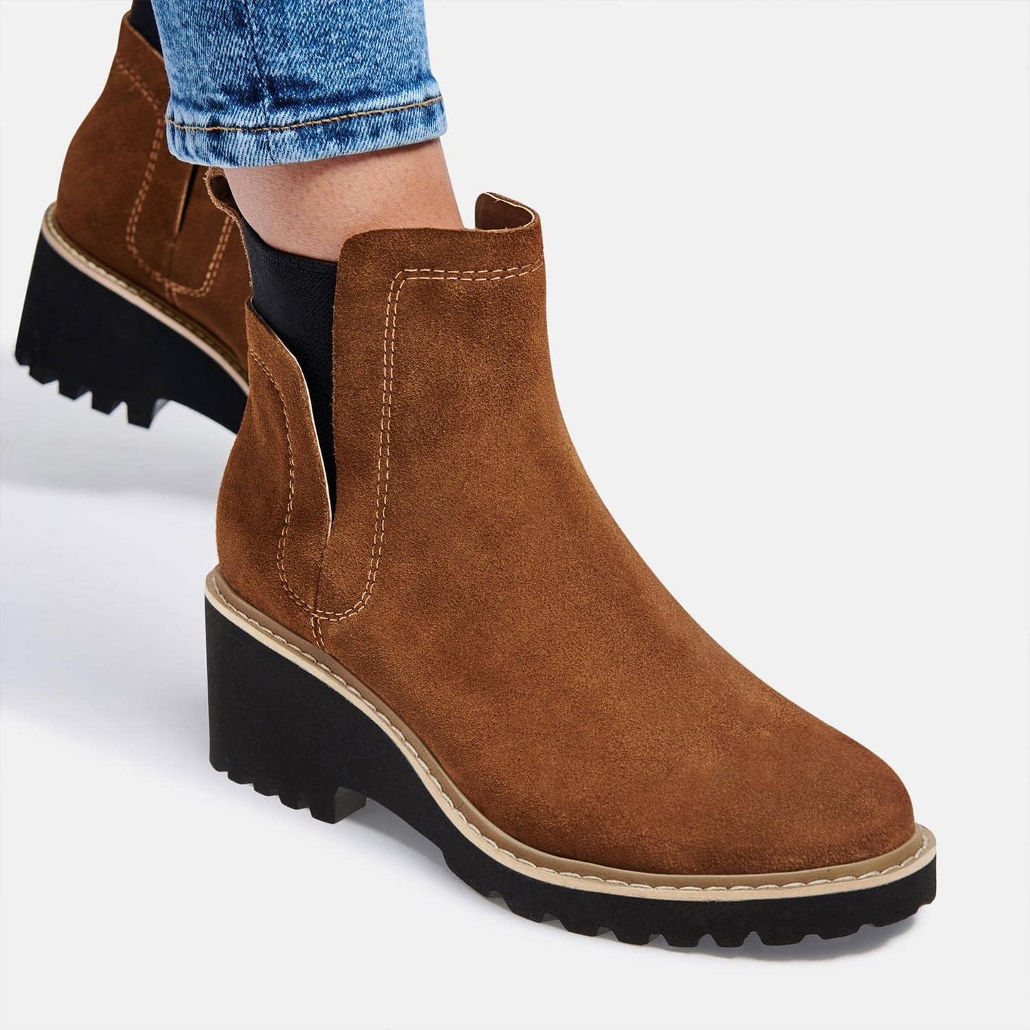 Trish Lucia Damen Chelsea-Stiefel mit Plateausohle, knöchelhoch, klobiger Blockabsatz, rutschfest, Wildleder, modische Schlupfstiefeletten