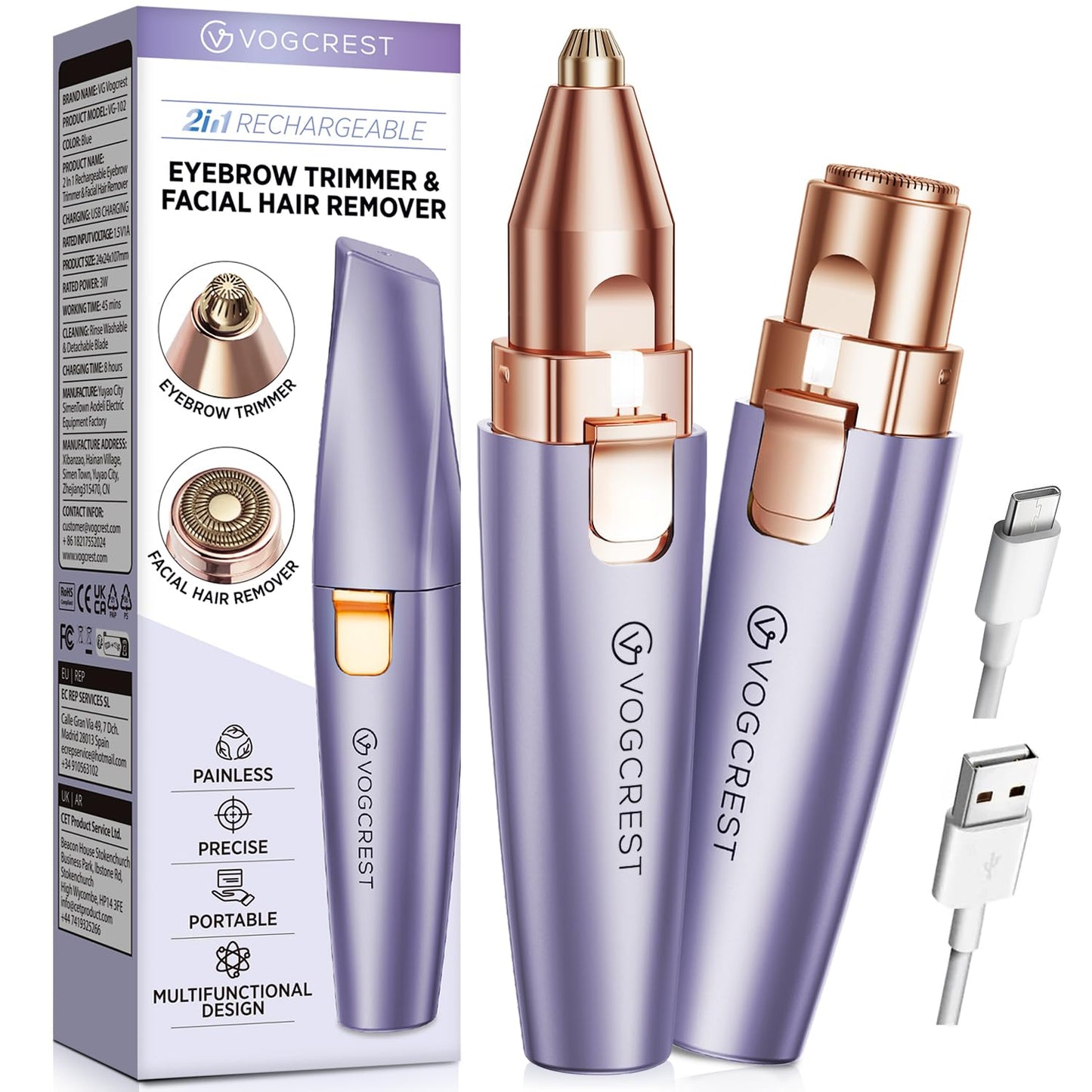 Eyebrow Facial Trimmer: 2 in1 Rechargeable Facial Hair Removal and Eyebrow Shaver - Face Lips Body Painless Facial Razor with Built-in LED Light (Rose Gold)
