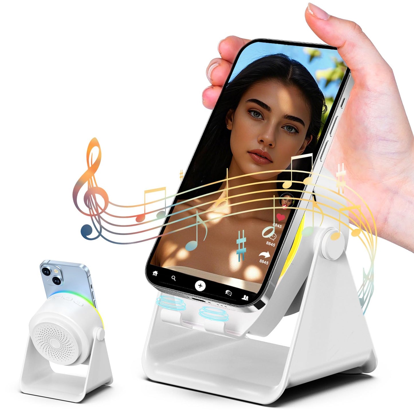 Dohelly Wireless Induction Speaker with Phone Stand & RGB Light, No Bluetooth Needed, Compatible with iPhone, Android, Tablets – Black