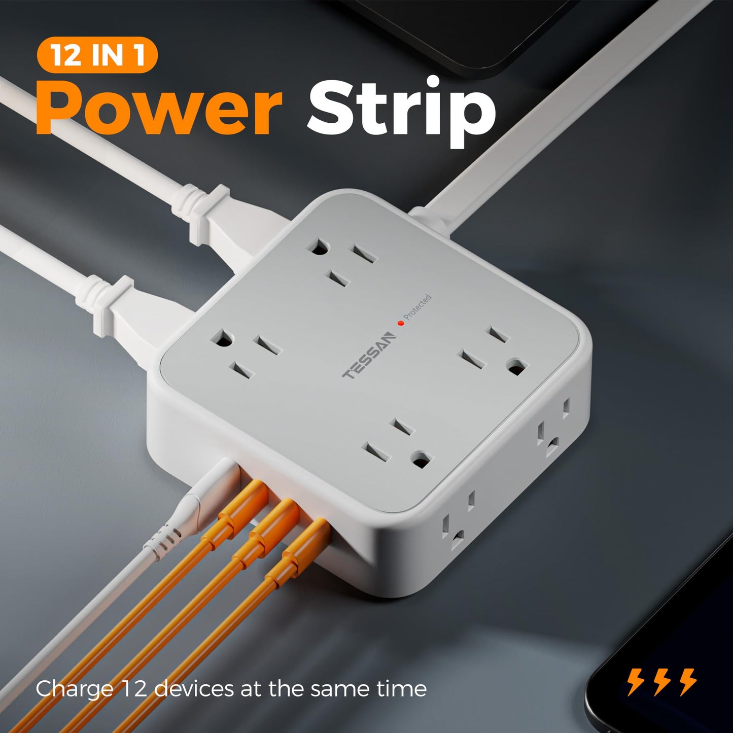 Surge Protector Flat Extension Cord Flat Plug Power Strip, 8 AC Outlets, 3 USB Charger(1 USB C Port) 3-Sided Outlet Extender, 5 Ft, 900 Joules Protection