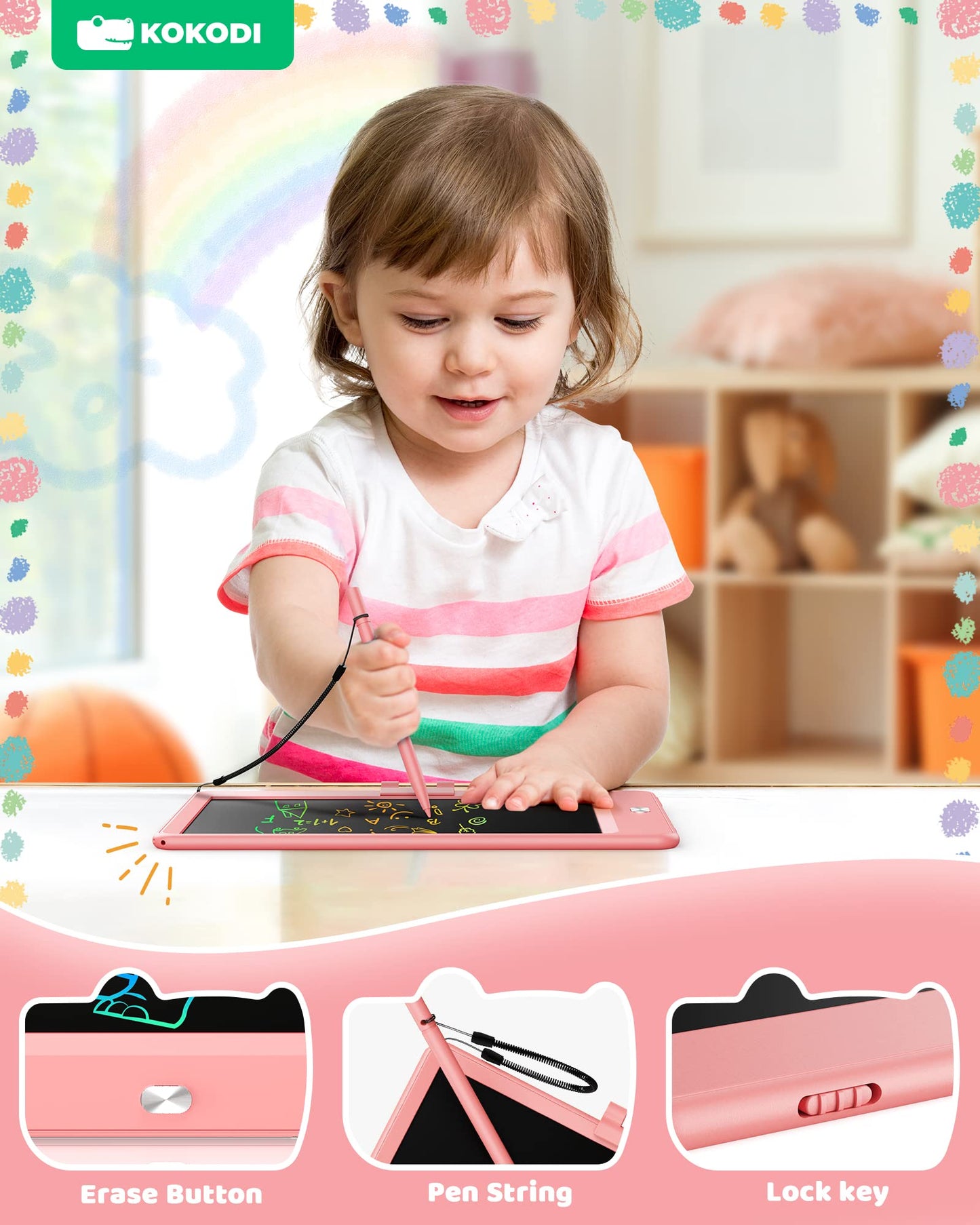 KOKODI LCD Writing Tablet, Valentines Day Gifts for Kids,10 Inch Colorful Toddler Doodle Board Drawing Tablet, Erasable Reusable Electronic Drawing Pads, Educational and Learning Toys for Kids