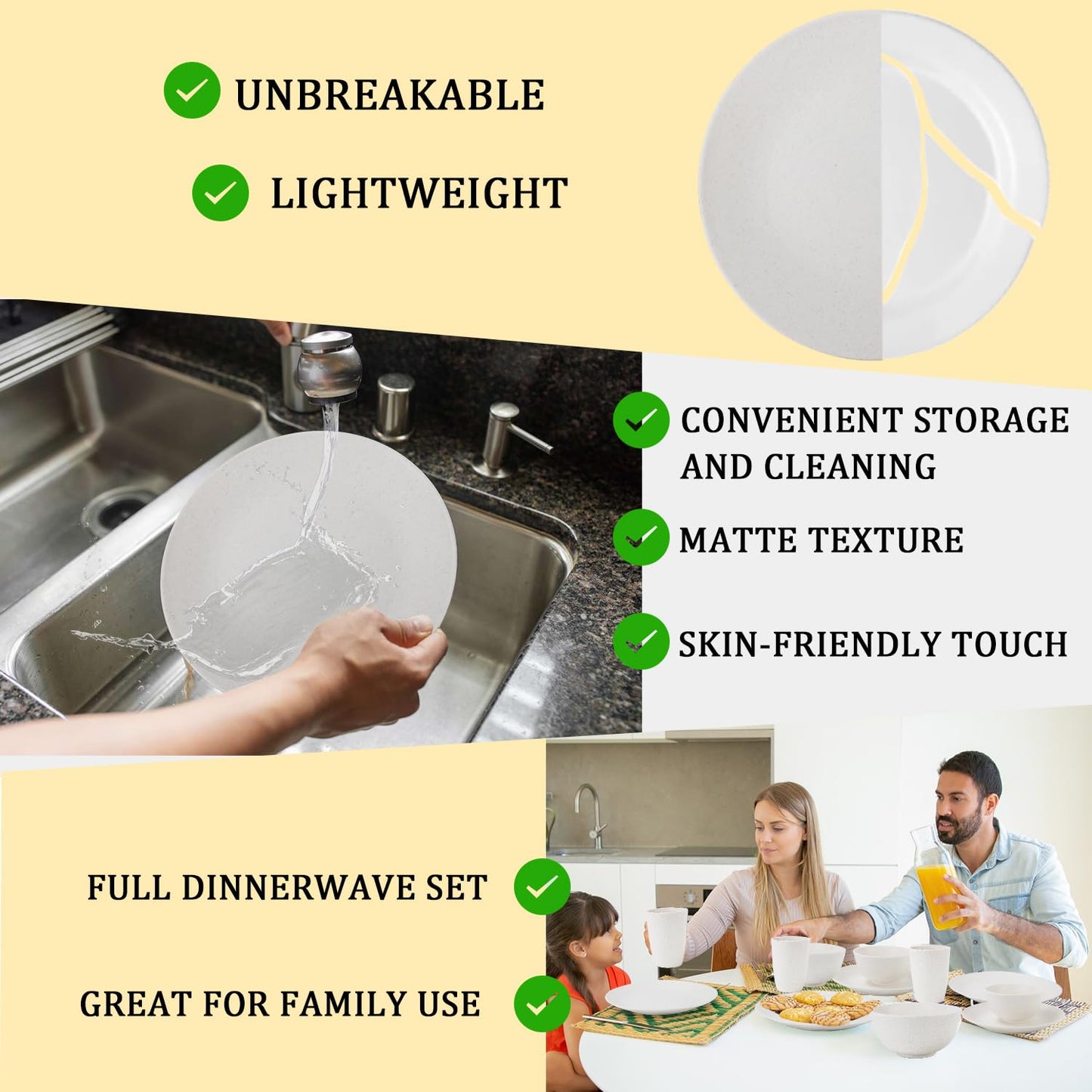 28 Piece Wheat Straw Dinnerware Sets,Dishwasher & Microwave Safe Plates and Bowls Sets - Unbreakable Plastic Dinnerware Sets for 4 Dinner Plates, Cups, Cereal Bowls - Colorful Series