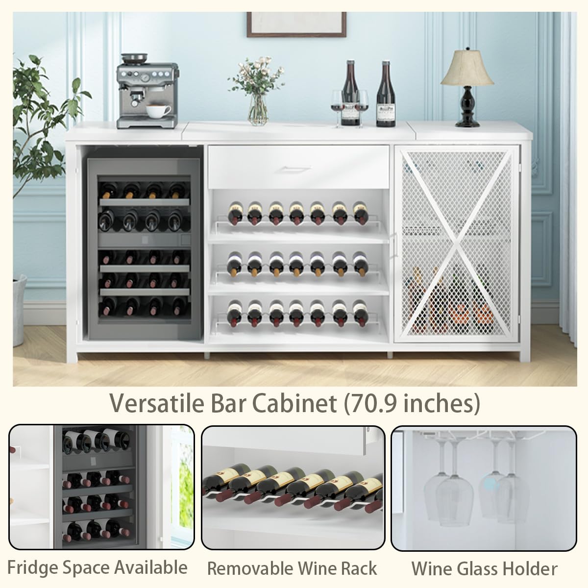 LVB Langer Barschrank mit Platz für den Kühlschrank, großer Spirituosenschrank im Landhausstil mit Schubladen, großer Weinschrank aus rustikalem Holz und Metall mit Regal, modernes Sideboard-Buffet für Küche und Esszimmer, grau, 70 Zoll