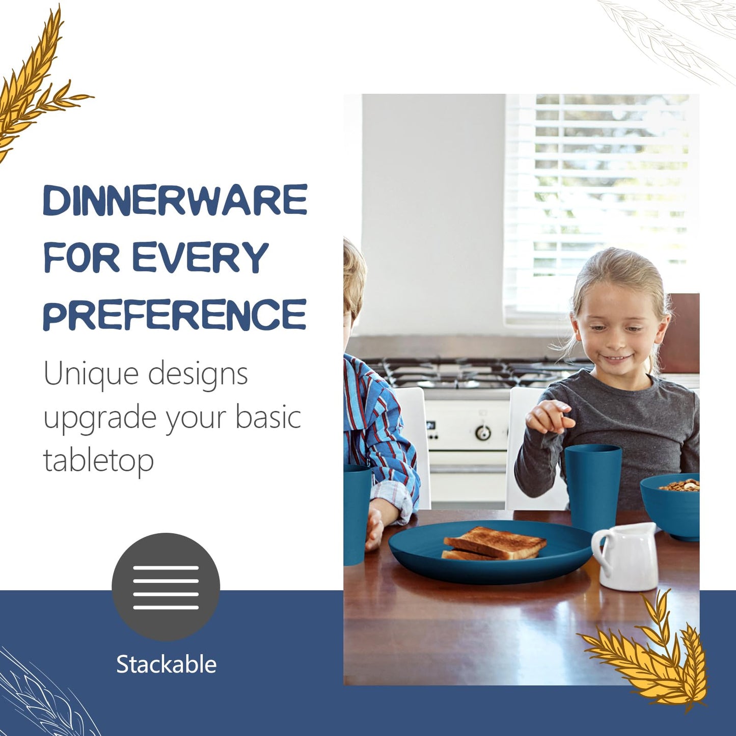 Teivio 16-Piece Kitchen Plastic Wheat Straw Dinnerware Set, Service for 4, Dinner Plates, Dessert Plate, Cereal Bowls, Cups, Unbreakable Plastic Outdoor Camping Dishes, Grey