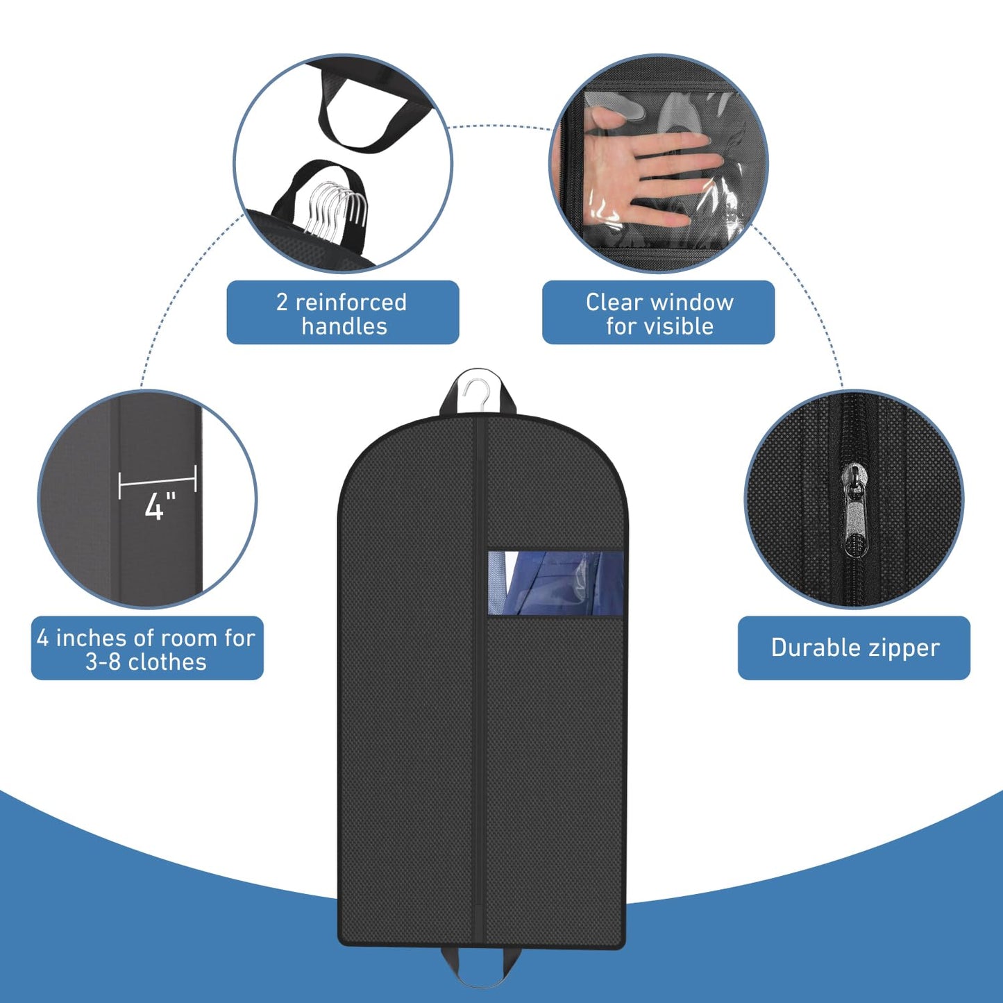 Sacs à vêtements transparents de 50 po pour suspendre des vêtements dans un placard avec soufflets de 4 po, sac de protection pour costumes pour robes, manteaux longs, vestes, pulls, chemises, 3 paquets, noir