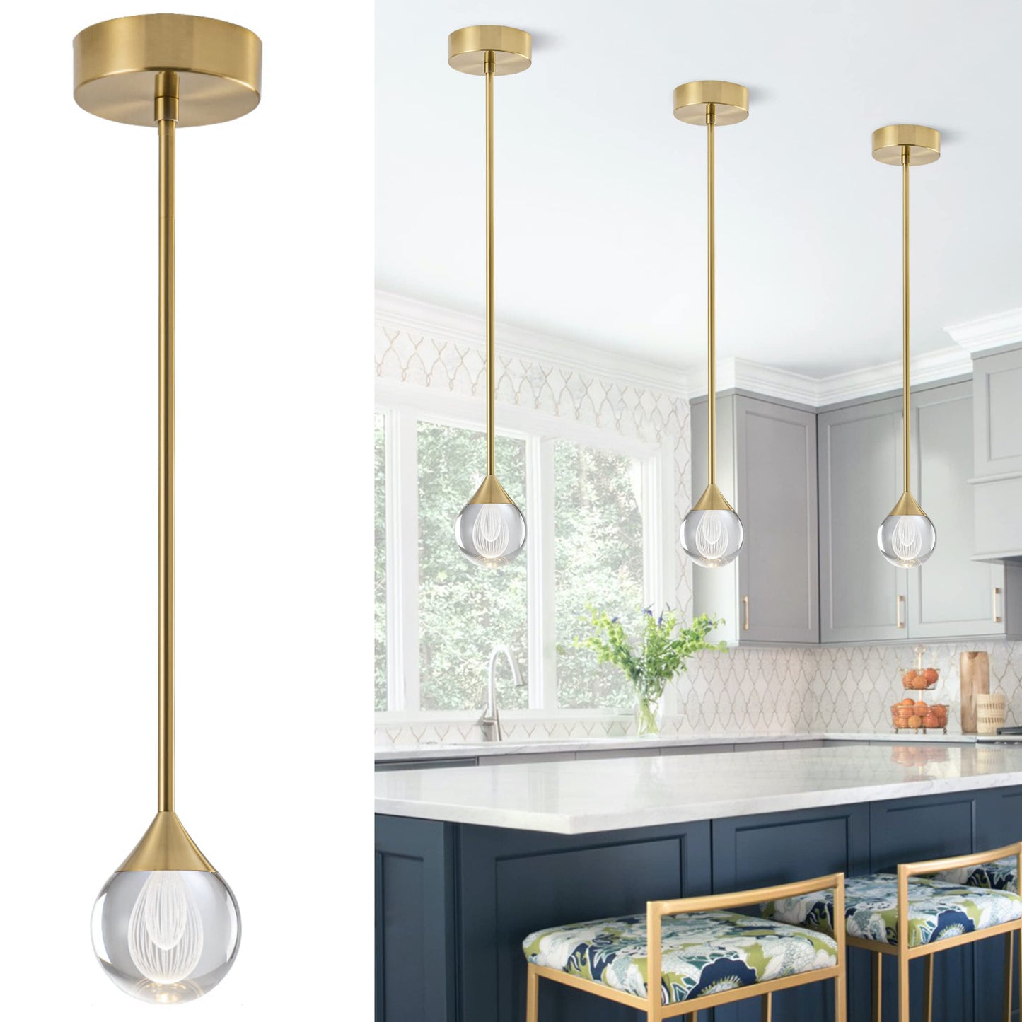 3-flammige Kristall-Pendelleuchte in Tropfenform, dimmbare LED-Hängeleuchte in Kristallkugelform, moderne Deckenpendelbeleuchtung für Kücheninsel, Esszimmer, Schlafzimmer, Bar, 3000 K, 24 W, gebürstetes Messing