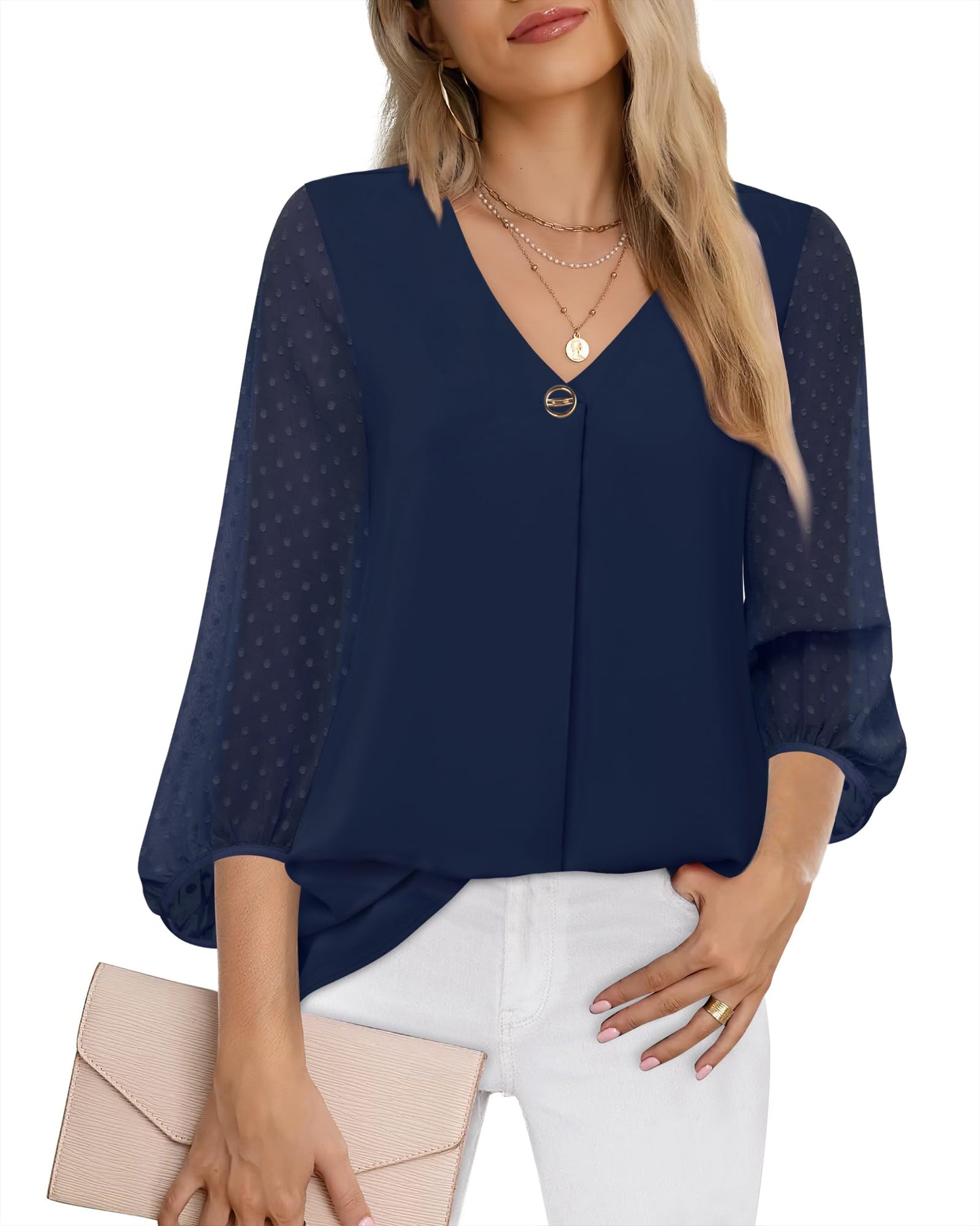 Bebonnie Damen Chiffonbluse mit Laternenmuster, 3/4-Ärmel, lässig, locker, V-Ausschnitt